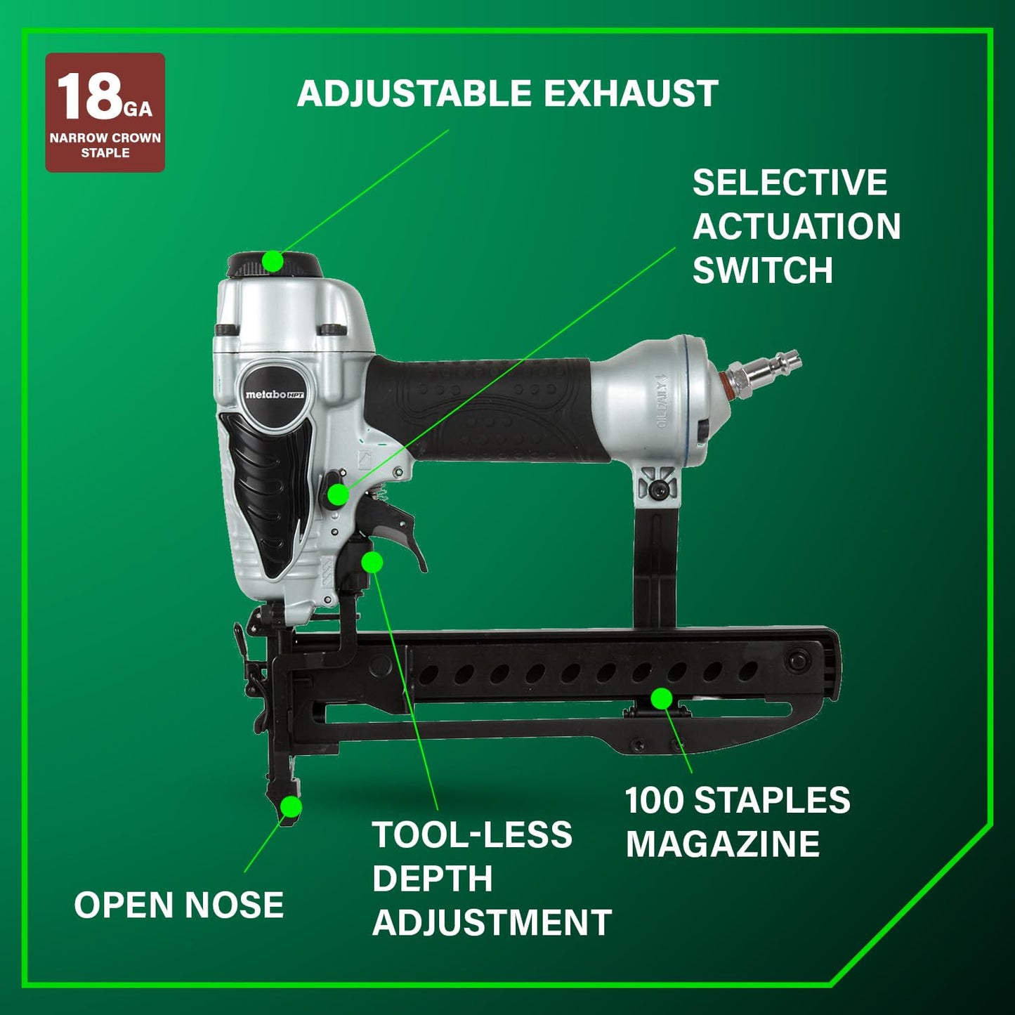 Metabo HPT Narrow Crown Stapler, Pro-Preferred Pneumatic Power Nailers, Finish Stapler for Furniture & Cabinetry, Lightweight Trim Tool, Ergonomic Design, 18 Gauge, 1/2″ to 1-1/2″ Staples, N3804AB3