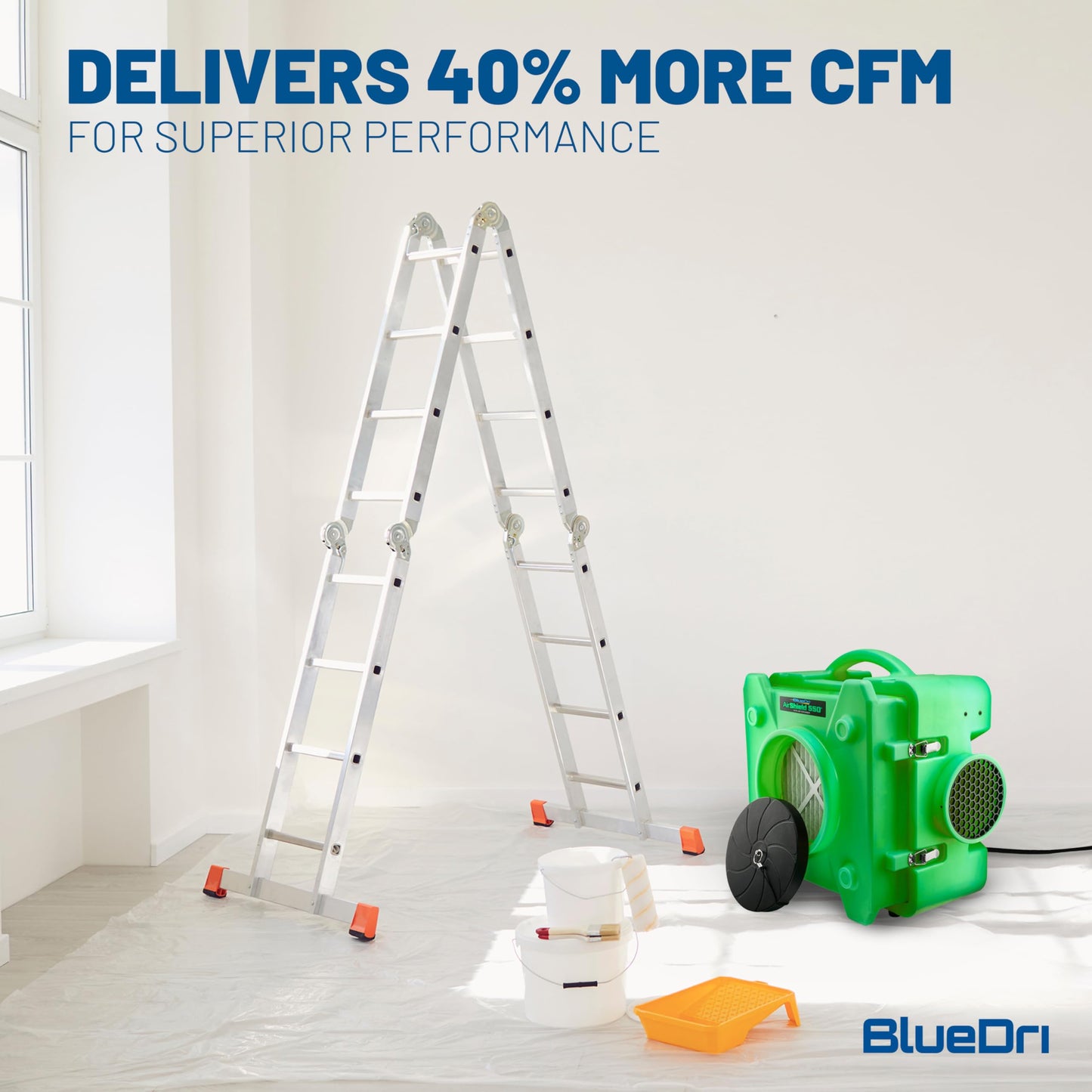 BlueDri Air Shield 550 HEPA Air Scrubber, Water Damage Restoration Equipment Air Purifier, Covers 1400 Sq. Ft, Daisy Chain Capable, For Commercial Use, Green, BD-AS-550