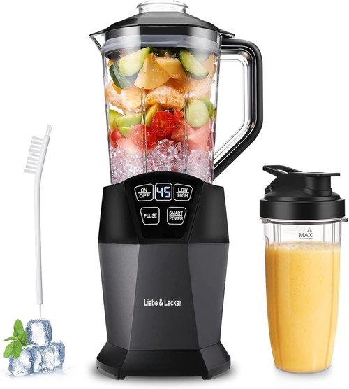 Liebe&Lecker Smoothie Blender - 1200W Smart Technology Blender for Frozen Fruit | 28oz To-Go Cup & 50oz Jar