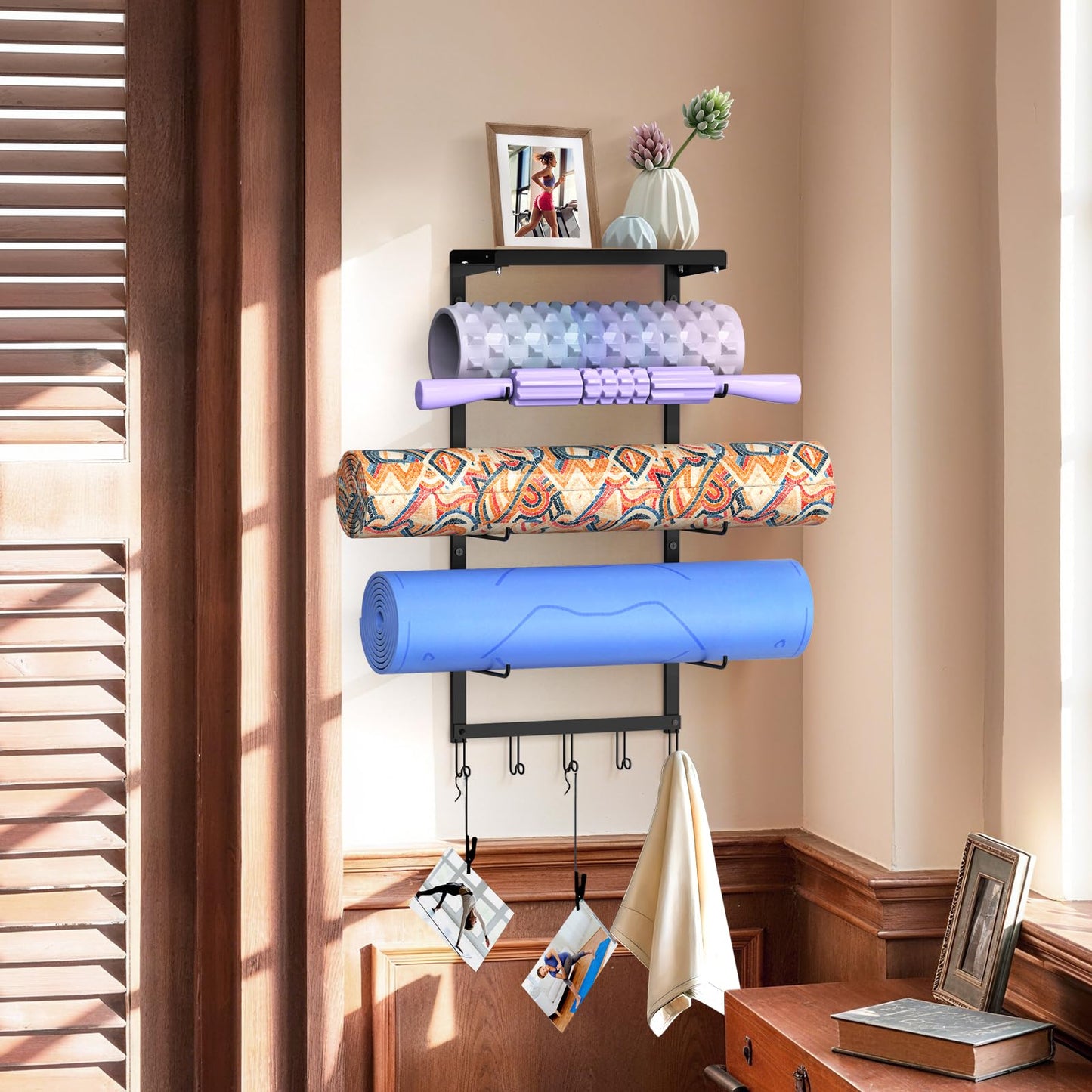 Inlisy Yoga Mat Holder Wall Mount, 4-Tier Iron Yoga Mat Rack Wall Mount Organizer, Heavy Duty Gym Wall Storage for Multiple Mats, Easy Install Space Saving