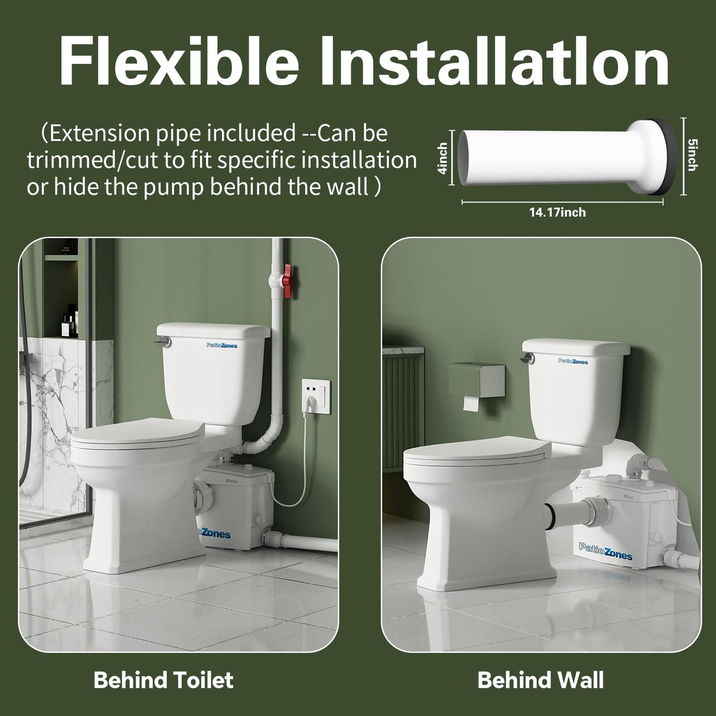800W Upflush Macerating Toilet for Basement, HIGH POWER Macerator Grinder Pump for Sink/Shower/Bathtub/Laundry, Two Piece Tall Toilet (with Extension Pipe), 36ft Vertical /360ft Horizontal