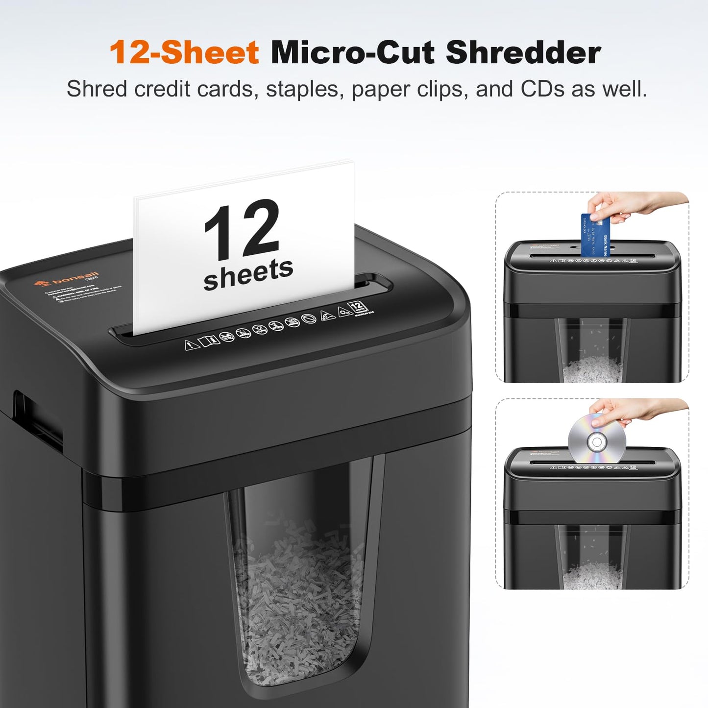 Bonsaii 12-Sheet Micro-Cut Paper Shredders for Home Office, Heavy Duty Document Shredder with 5.5 Gallon Pullout Bin for CD/Credit Card/Staple, 30 Mins Continuous Run Time, P-4 High Security