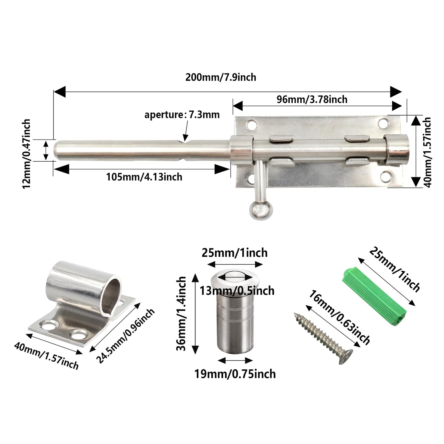 AUXBC 7.9 Inch Sliding Bolt Gate Latch, Stainless Steel Slide Barrel Bolt Latch, Heavy Duty Security Bolt Door Lock Slide Latch for Home Garden Warehouse Garage Door, Silver