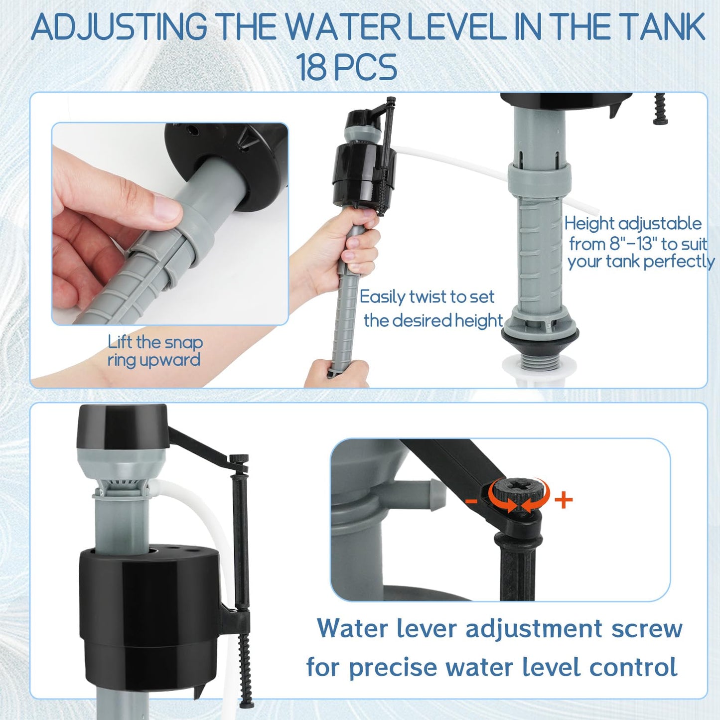 PEDOBALI 18 Pcs Toilet Fill Valve Leak Resistant Easy Install Fill Valve Repair Kit Height Adjustable Universal Toilet Tank Flusher Replacement Kit for Bowl and Tank Water Control