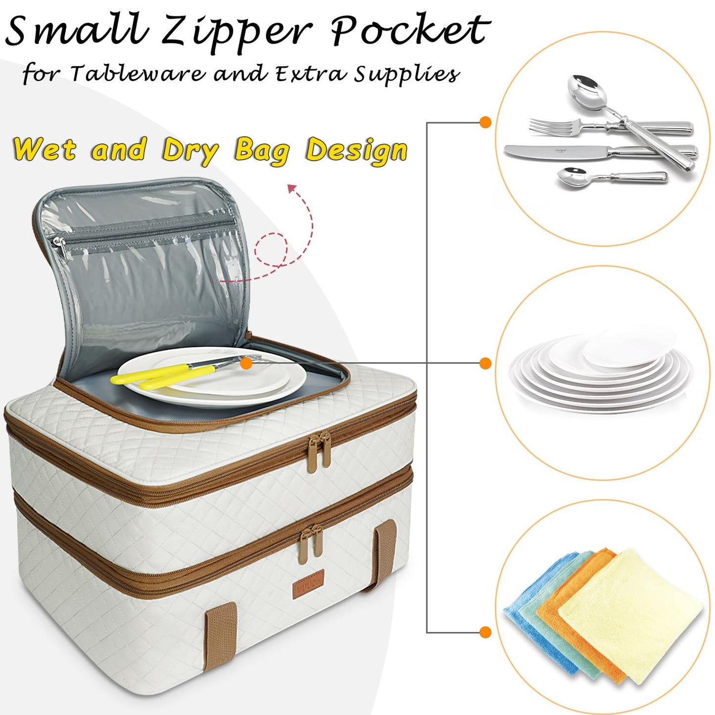 Vuudh Quilted Insulated Double Casserole Carrier - Thermal Lunch Tote for Potluck Parties, Picnic, Beach, Fits 9 x 18 Inches Baking Dish, Casserole Dish, Expandable (Beige)