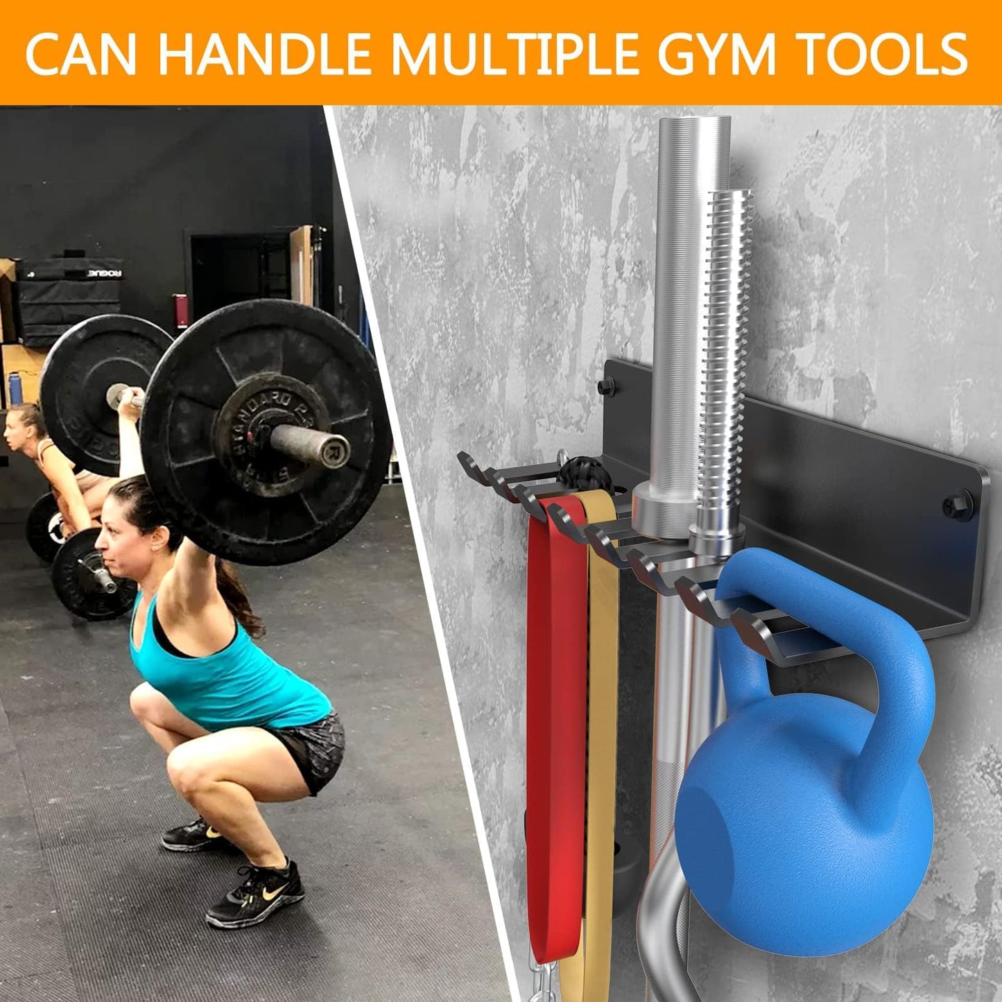BRTGYM Gym Rack Organizer, Home Gym Accessories Hanger, Wall Mount Hooks for Olympic Barbells, Row Handles, Bats or Tools (E-Book Instruction Included)