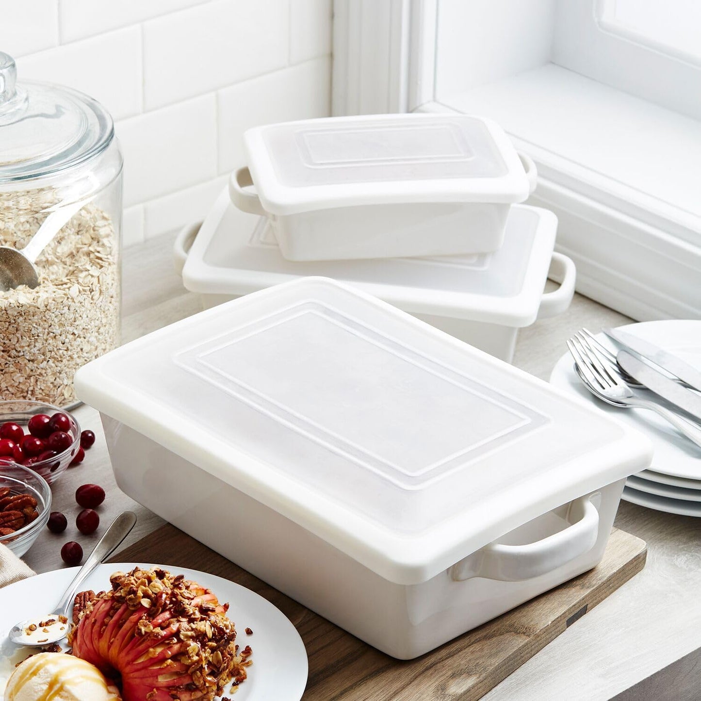 Sur La Table Stoneware Baker Set - 3-Piece Freezer-to-Oven Bakeware with Lids | Durable Handmade Design, White