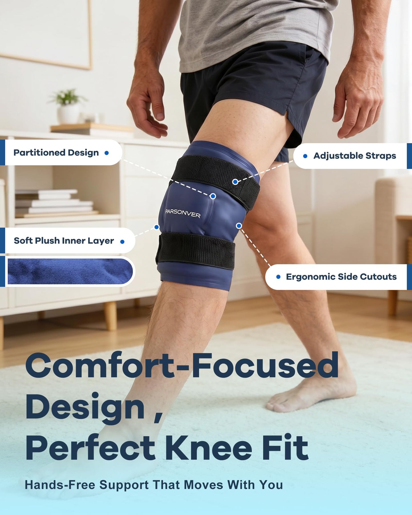 Knee Ice Pack Wrap 60-Minute Long-Lasting Ice Pack for Knee Pain Relief, Reusable Gel Ice Wrap for Leg Injuries, Swelling, Knee Replacement Surgery, Cold Therapy for Arthritis, Meniscus Tear, ACL Blue