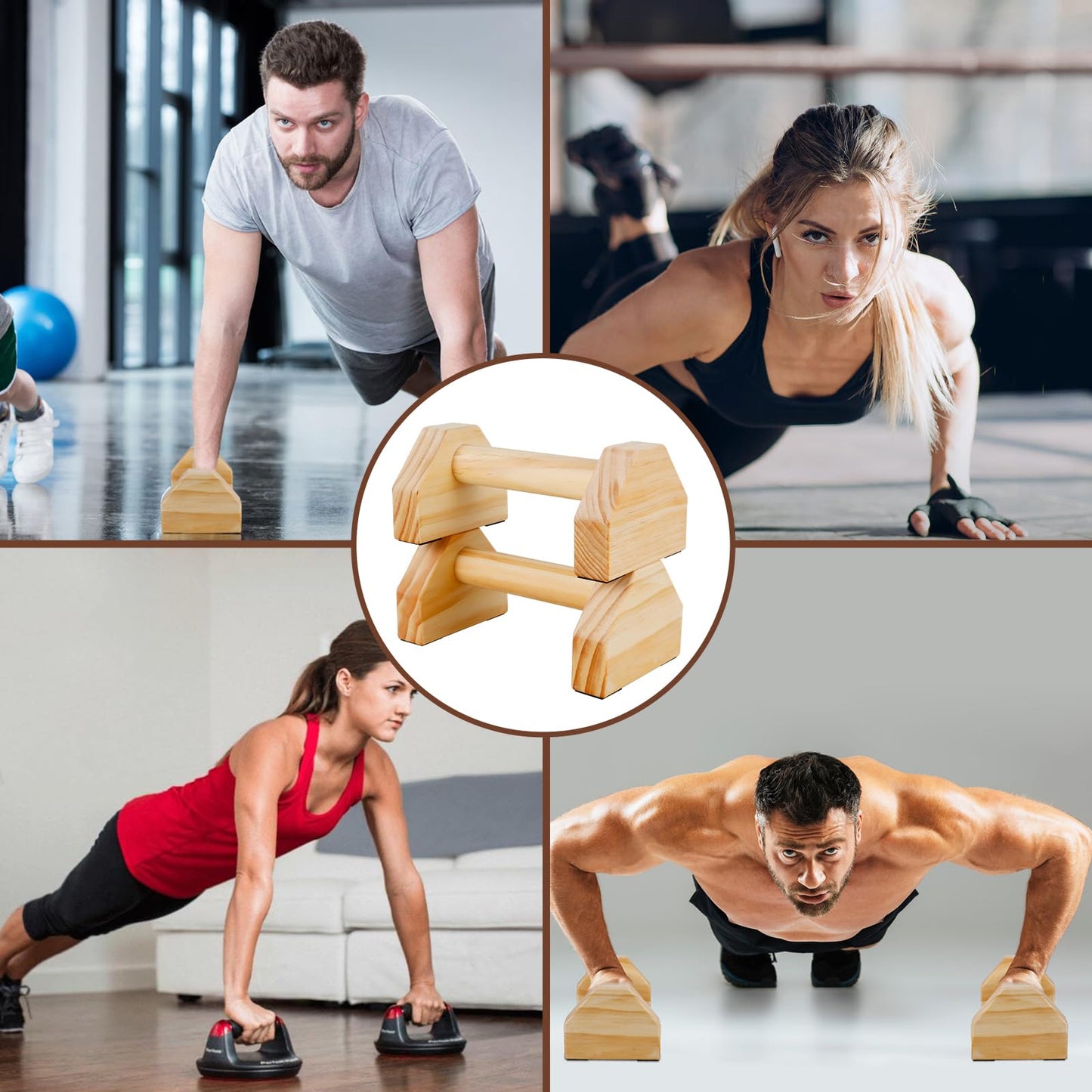 Wooden Push-up Bars, 1 Pair Non-slip Base Pushup Handles Stand, Home Workout Calisthenics Equipment, Push up Bracket Board with Ergonomical Handle, Wooden Parallettes Bars for Fitness Training