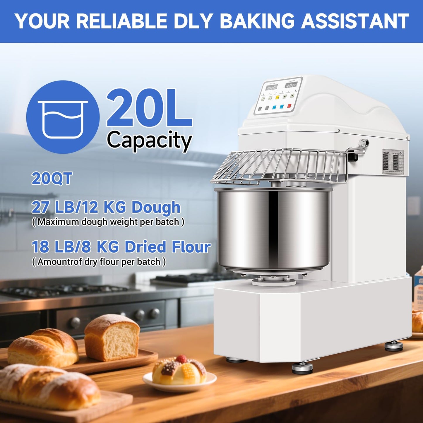 EKway 27lbs/20Qt Commercial Dough Mixer with Timer, 1100W Heavy Duty Kneading Machine with 304 Stainless Steel Bowl, Touch Screen,2 Speeds Dual Rotation for Restaurant, Bakery, Pizzeria (White)