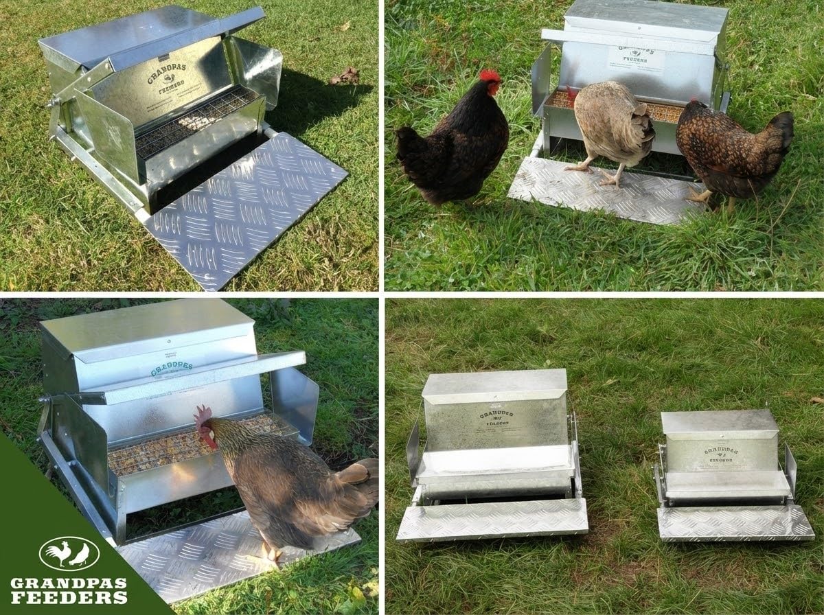 Grandpas Feeders Automatic Chicken Feeder - 40 lbs No Waste Poultry Feeder, Rat Proof & Rodent Proof Treadle Chicken Feeder, Galvanized Steel with Lid, Feeds 6-12 Chickens up to 10 Days