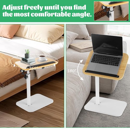 GBACHOOSE Sofa Armrest Tray Table for Couch, TV Tray Table 360° Swivel Height Adjustable End for Small Spaces, C Shaped End Table for Couch, Living Room, Bedroomor with Phone & Tablet Slot(White)
