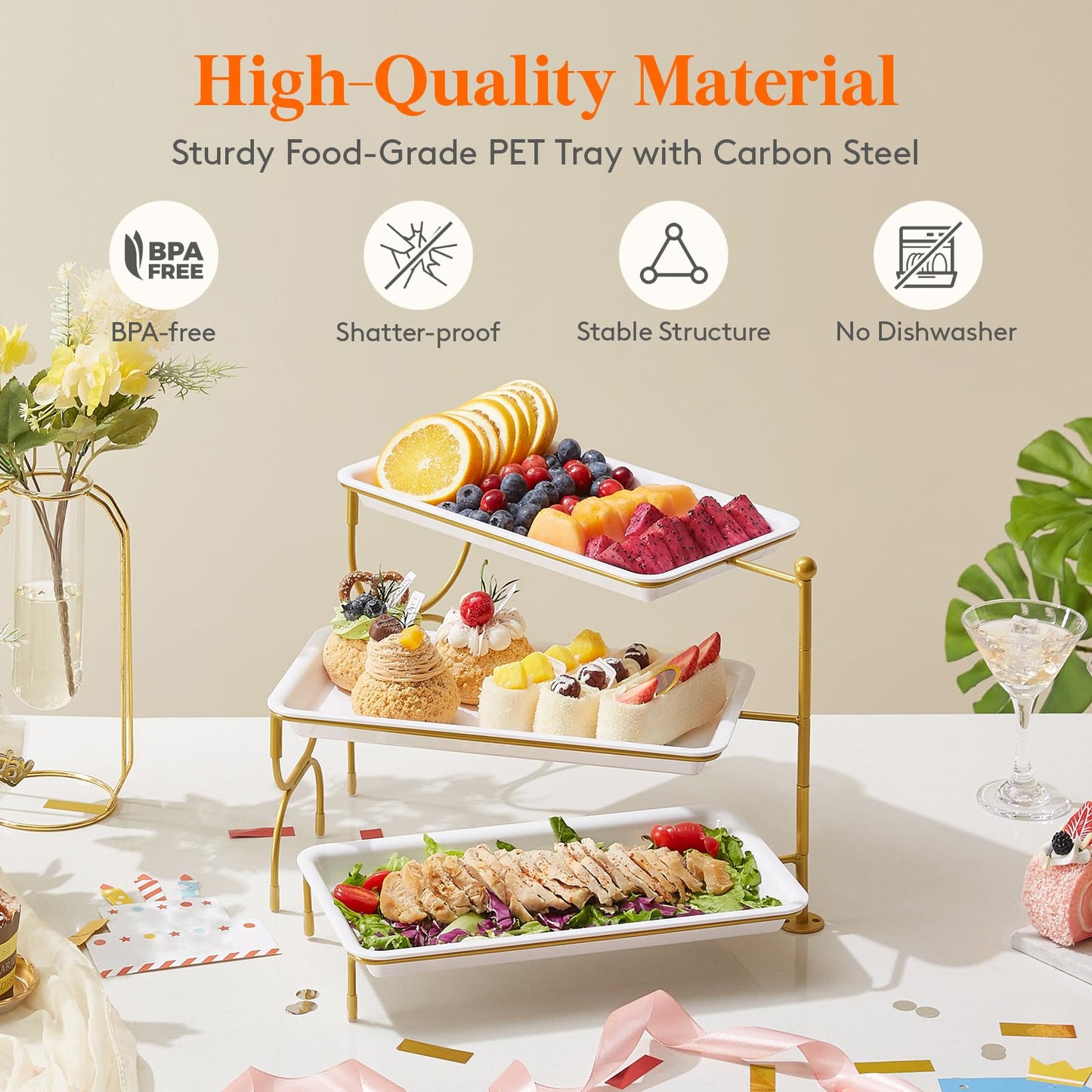 Lifewit 3 Tier Serving Tray for Party, 30 x 17 cm/12 x 6.5 Plastic Serving Platters, White Rotating Tiered Tray with Gold Collapsible Metal Stand, Decorative Dessert Table Display Set for Buffet