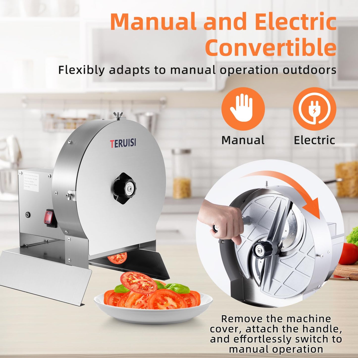 TERUISI Electric Vegetable Slicer, 120W Commercial Fruit Cutter Machine with 0-0.5'' Thickness Adjustable, Stainless Steel 2 IN 1 Manual & Electric Food Slicer for Lemon Potato Onion Tomato, 110V