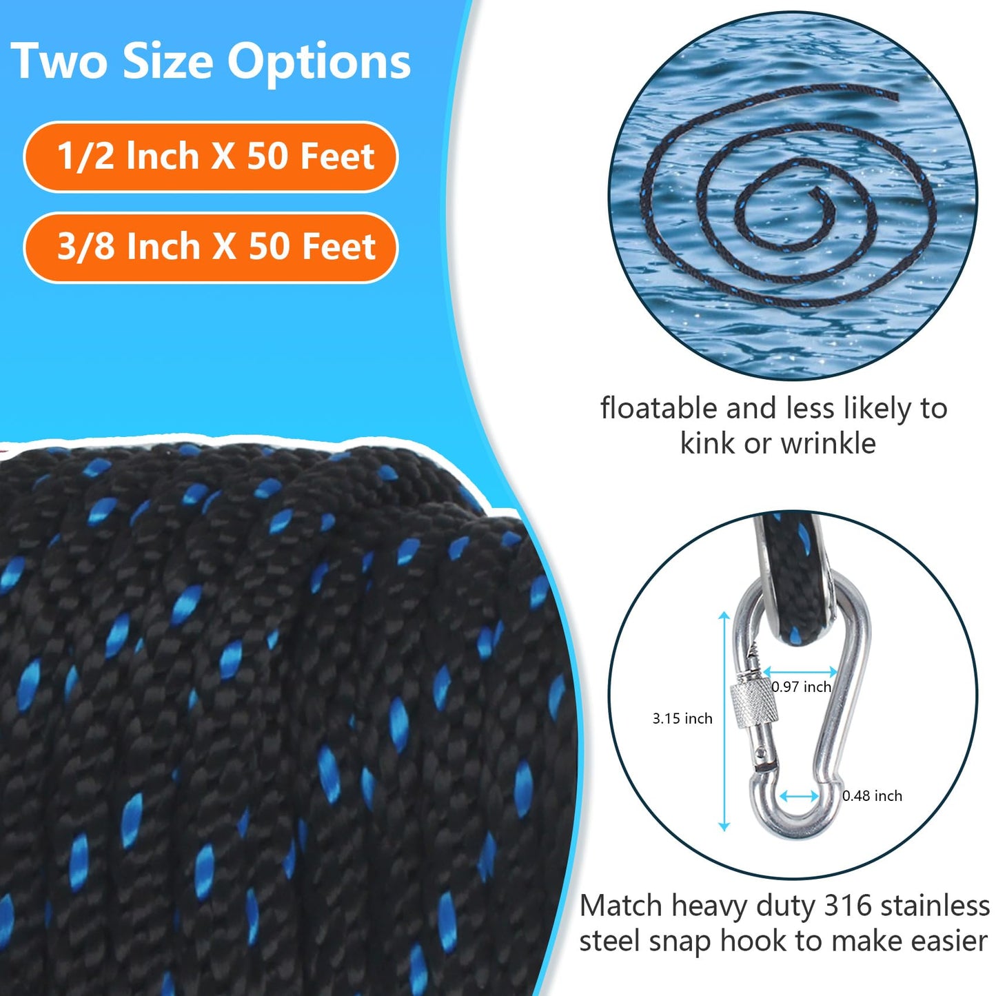 1/2 Inch 50 FT Anchor Rope, Boat Anchor Rope Solid Braid MFP, Anchor Line with 316 Stainless Steel Thimble and Snap Hook - Black & Lake Blue