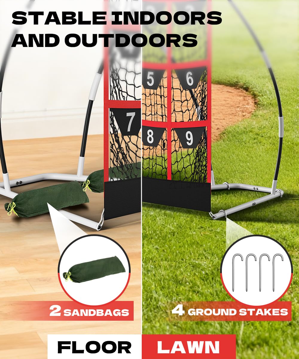 Queension 9 Hole Pitching Target Net with Strike Zone, Baseball Batting Net with Target Pockets, Pitching Net with Ground Stakes and Sandbags for Baseball Training, White