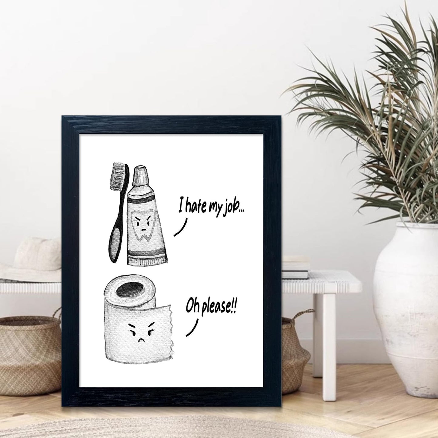Skiennix Kids Bathroom Decor - Cute Framed Canvas Print with Funny Artwork | Modern Black and White Design