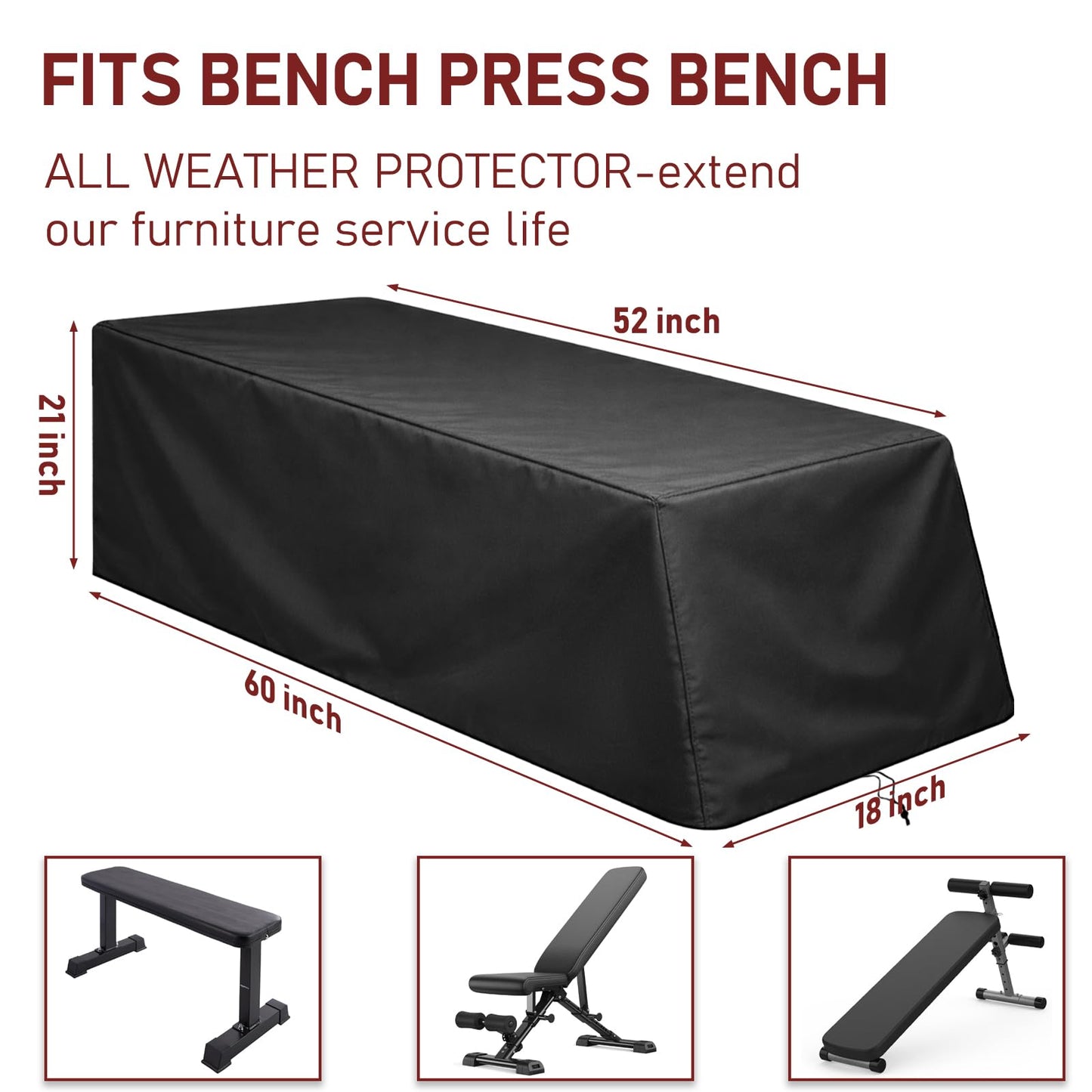 Weight Bench Cover Waterproof Heavy Duty Exercise Workout Bench Cover, Home Gym All-weather Protective Covers Fit for Sit-up Board Flat Lifting Benches and Fitness Equipment (52'' L x 60'' W x 21'' H)