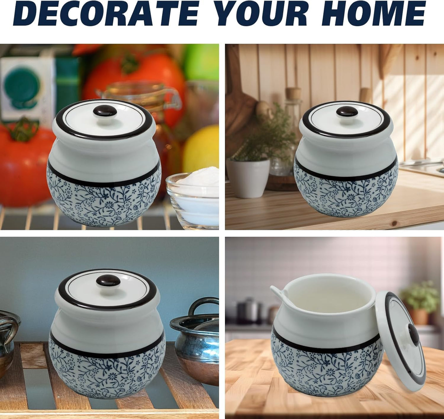 Caylielam Ceramic Bacon Grease Saver with Strainer, 23oz Kitchen Cooking Oil Disposal Container, Dust-proof Bacon Fat Storage Caddy, Elegant White Can and Blue Pattern, Spoon Included