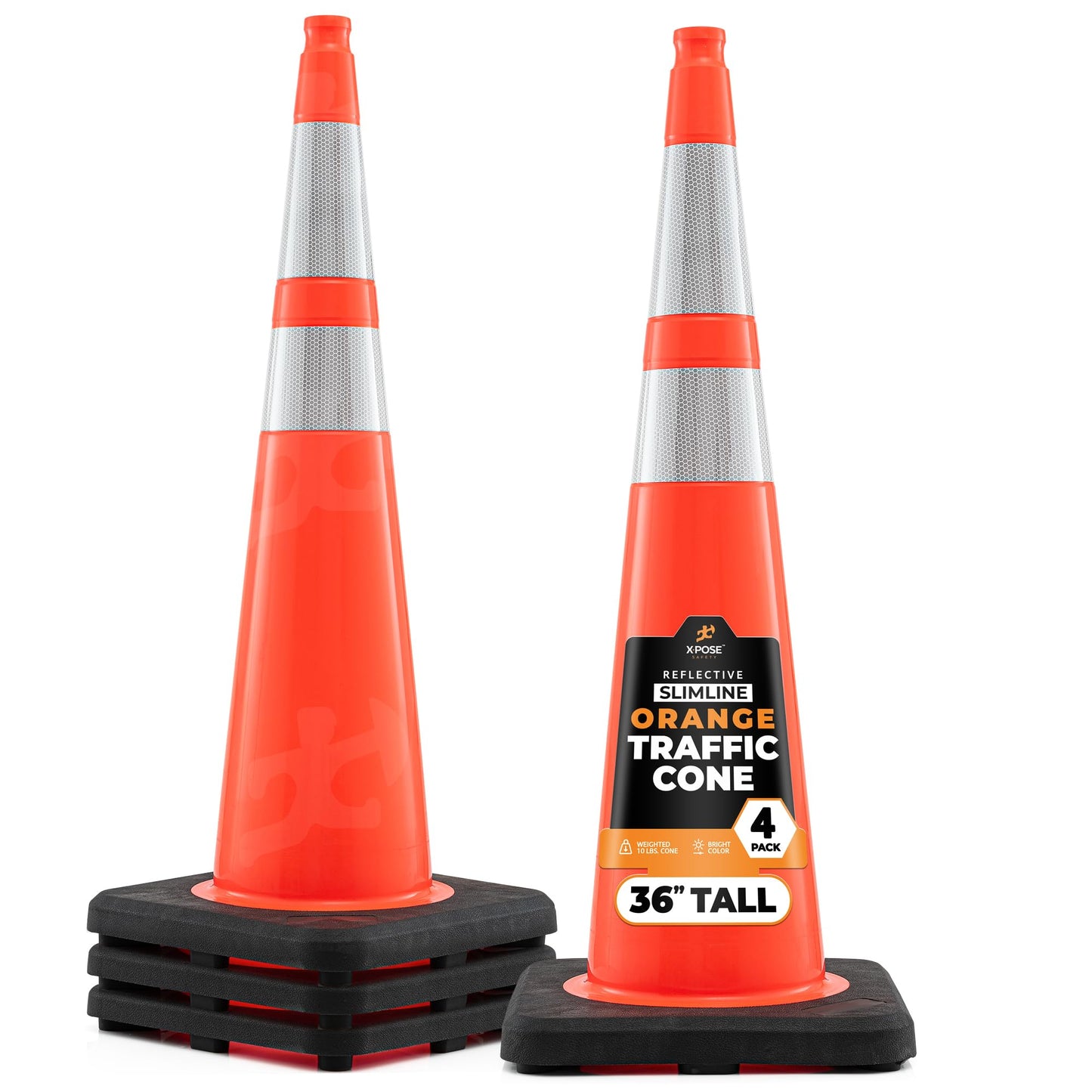 Xpose Safety 36 Inch Orange Slim Line Traffic Cones with 6" & 4" Collars, 4 Pack Multipurpose PVC Plastic Safety Cone for Parking, Soccer, Caution, Kids and Construction - DOT Approved