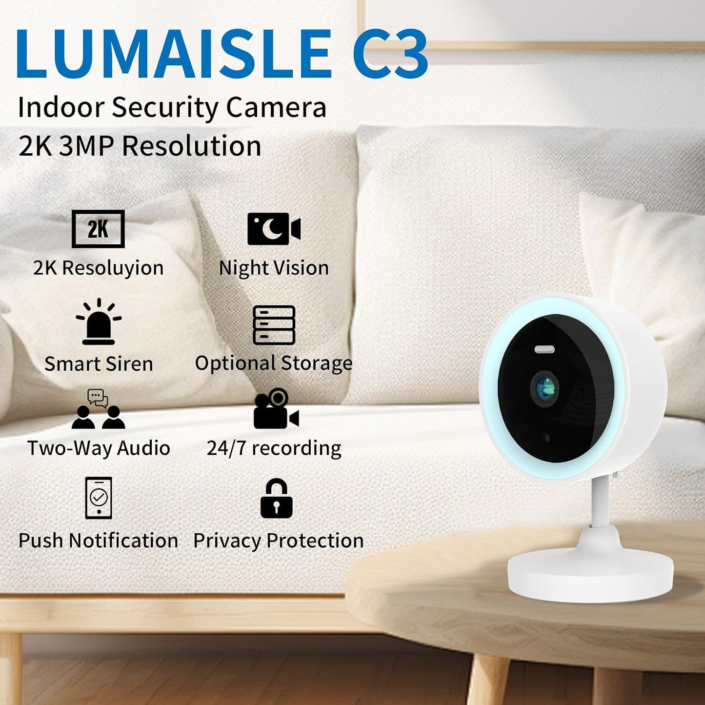 LUMAISLE 2K 3MP 2-Way 2.4G 5G Indoor Security Camera for Baby Monitor, Dog Camera AI Motion Detection, Audio Siren