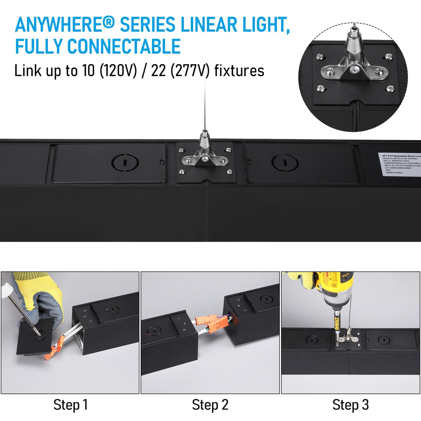 LEONLITE 4FT Linkable LED Linear Light, 40W 4600lm Dimmable Architectural LED Suspension Office Lighting Fixture, 3CCT, ETL Listed, Matte Black Aluminum Housing, Pack of 4