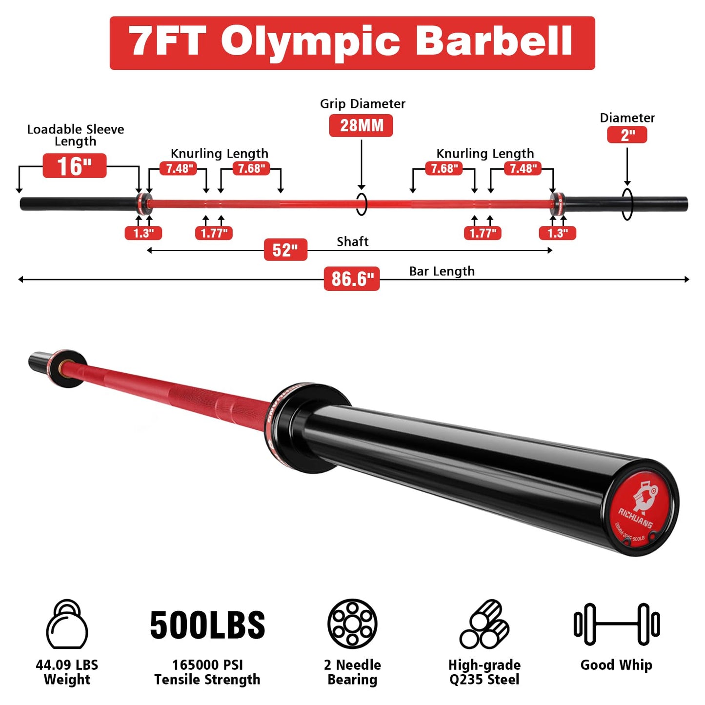 RICHUANG 7ft Olympic Barbell Weight Bar for Weightlifting,Powerlifting,CrossFit Training,500 lbs Max Load Capacity,Q235 Steel,2 Inch Olympic Strength Training Bar for Home Gym,Exercises Fitness Equipment 500LBS-Red
