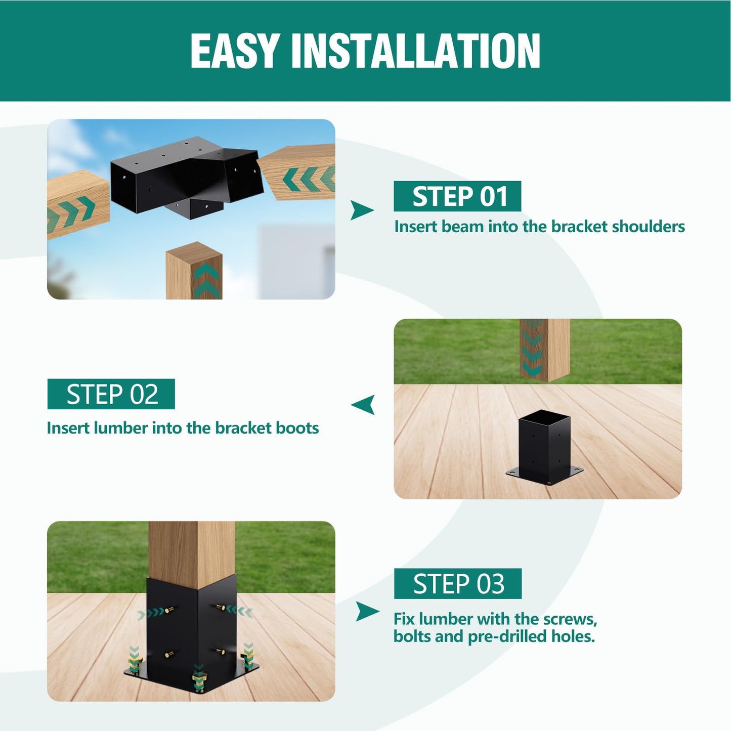 Kinchoix Pergola Brackets, 75° Pergola Brackets 15° Corner Bracket with Post Base Gazebo Kit for 4x4'' (Actual 3.5x3.5 in) Wooden Beams Lumber Gazebos Patio Sheds