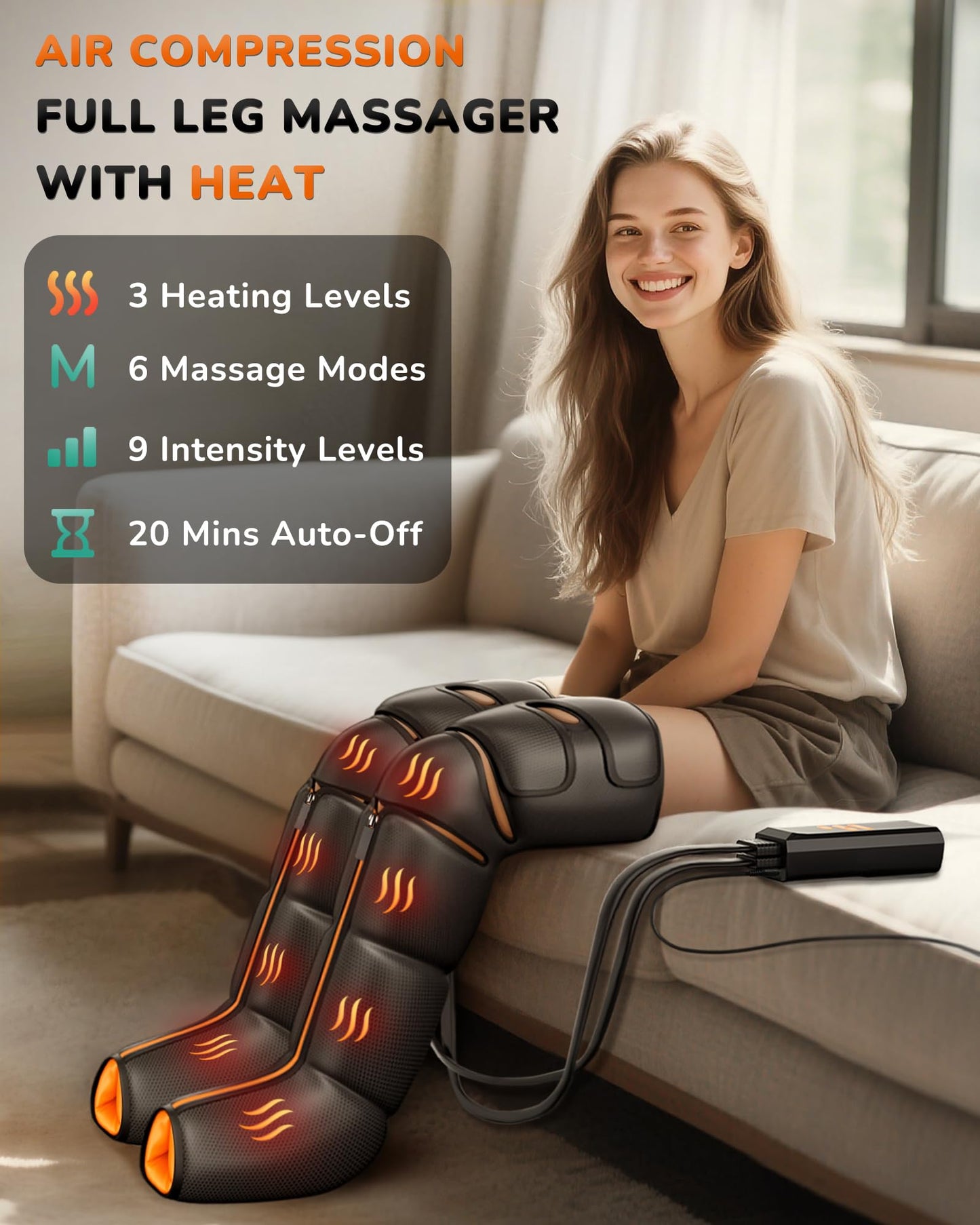 JZBRAIN Leg Massager with Heat and Compression : Foot and Calf Massager for Circulation and Pain Relief, Sequential Compression Boots with 6 Modes, 9 Intensity, 3 Heat - Gifts for Mom, Dad, Him, Her