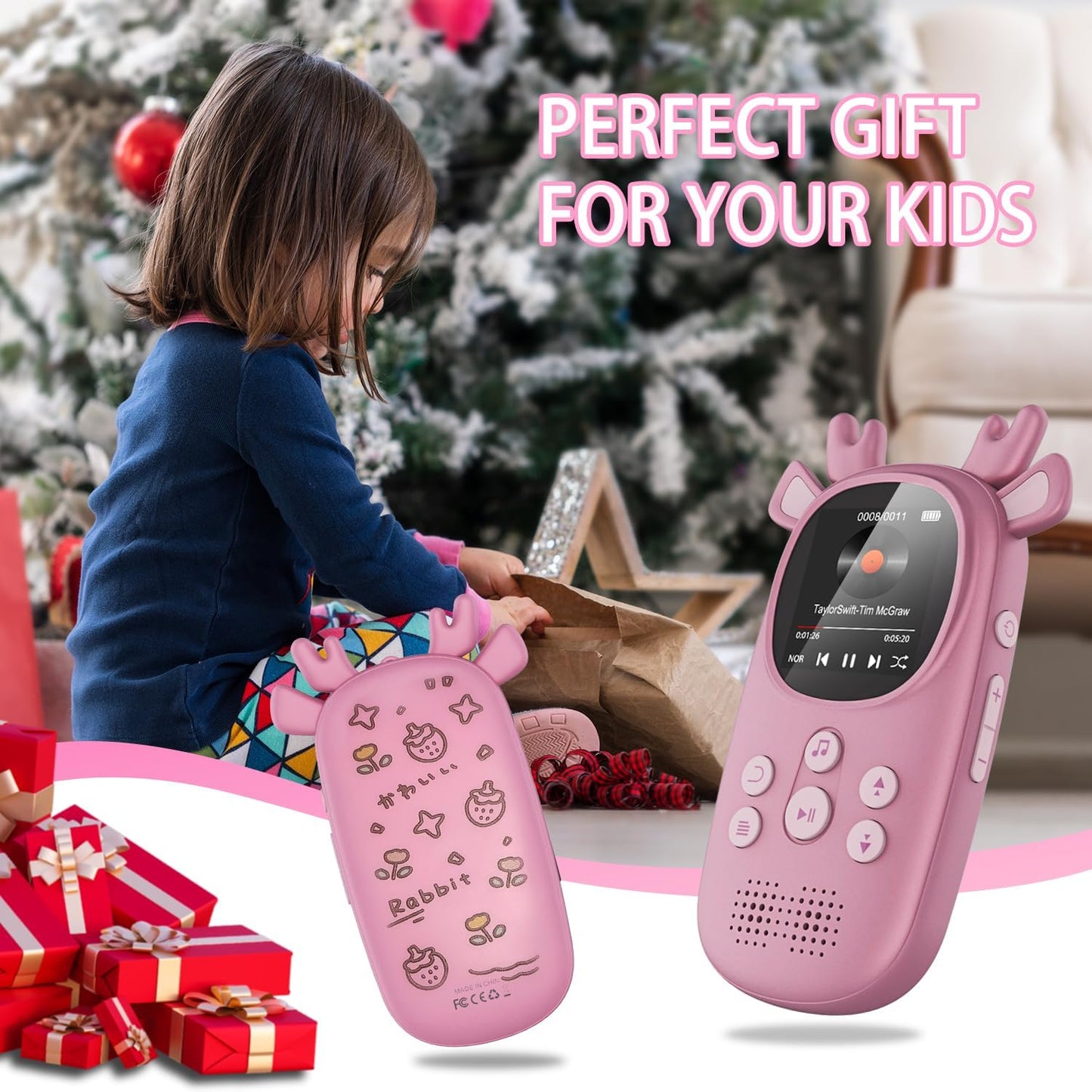 CCHKFEI 32GB MP3 MP3 MP3 MP3 Player for Kids, Cute Reindeer Portable Kids Player with Speakers Children Player