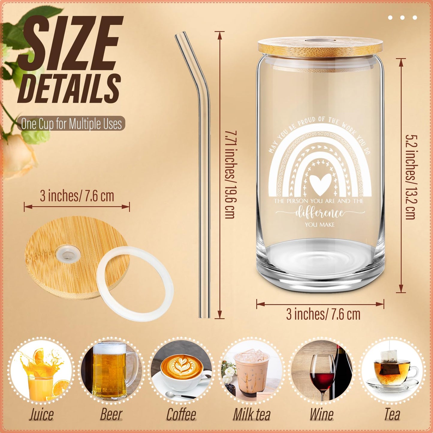Uiifan 20 Pcs Employee Appreciation Gifts Thank You Glass Cup for Nurse 16 oz Rainbow Sign Cups Can with Bamboo Lid Glass Straw Gift for Teacher, Library, Healthcare Worker, Lab Worker, Volunteer