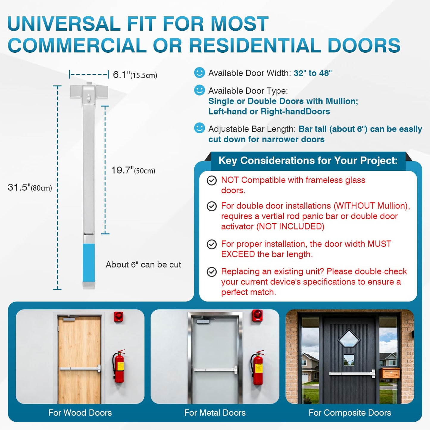 IRONWALLS 32 Inch Panic Bars for Exit Doors, Commercial Emergency Exit Push Bar Panic Exit Device with Exterior Lever Trim for 32" to 48" Wood Metal Door, Heavy Duty Steel Panic Door Hardware, Silver