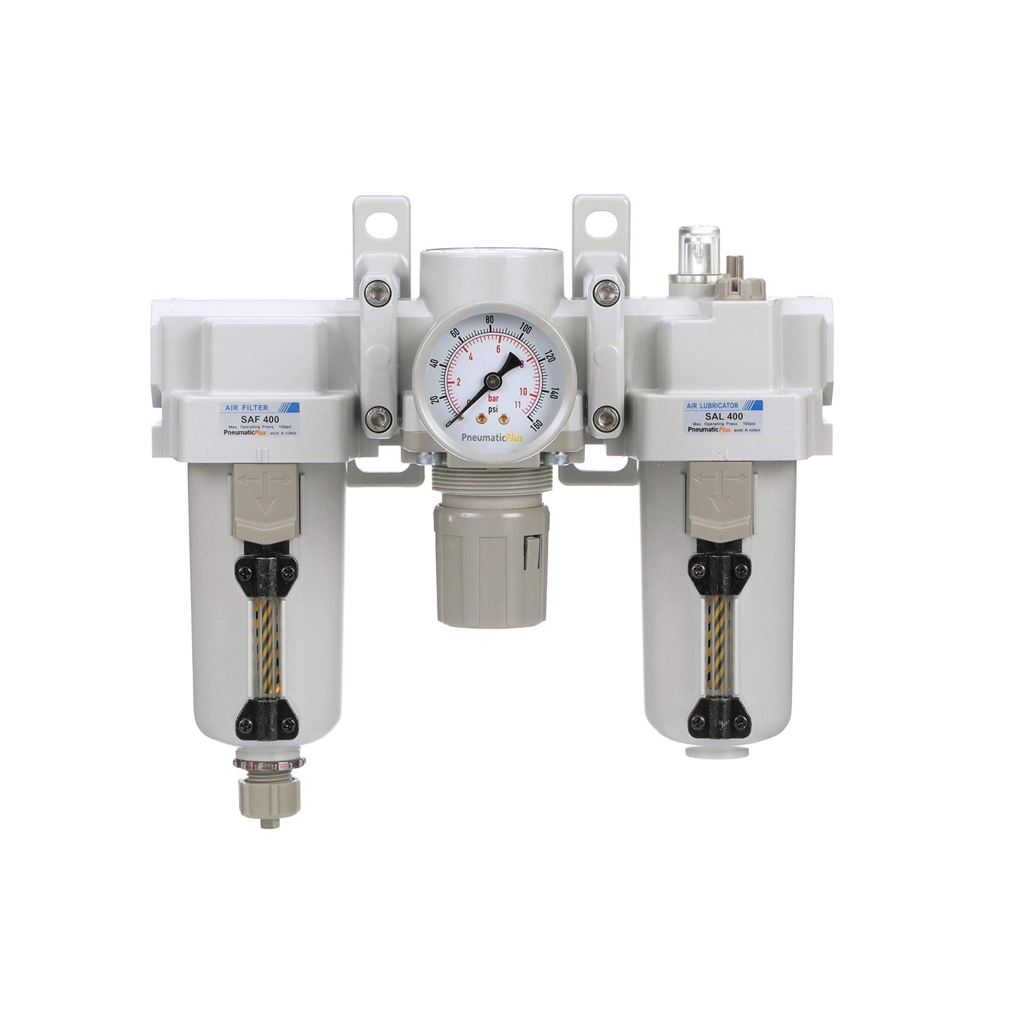 PneumaticPlus SAU400-N06G-MEP Compressed Air Filter Regulator Lubricator Combo 3/4" NPT - Metal Bowl, Manual Drain, Bracket, Gauge