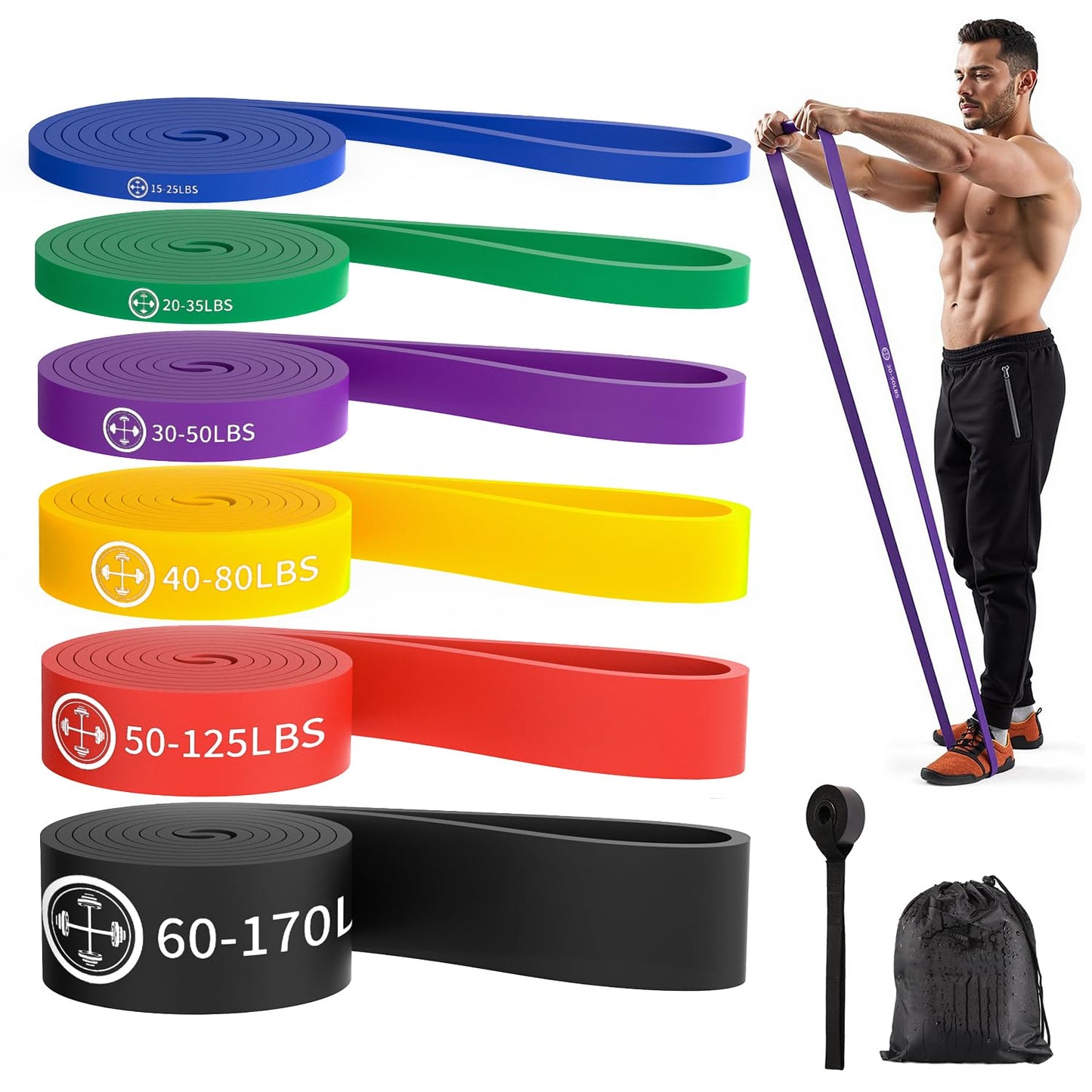 Exercise Bands，Set of 6 Resistance Bands for Working Out,Pull Up Bands Set,at Home Workout Equipment,Instruction Guide and Carry Bag Included (6set（Blue+Green+Purple+Yellow+red+Black）)