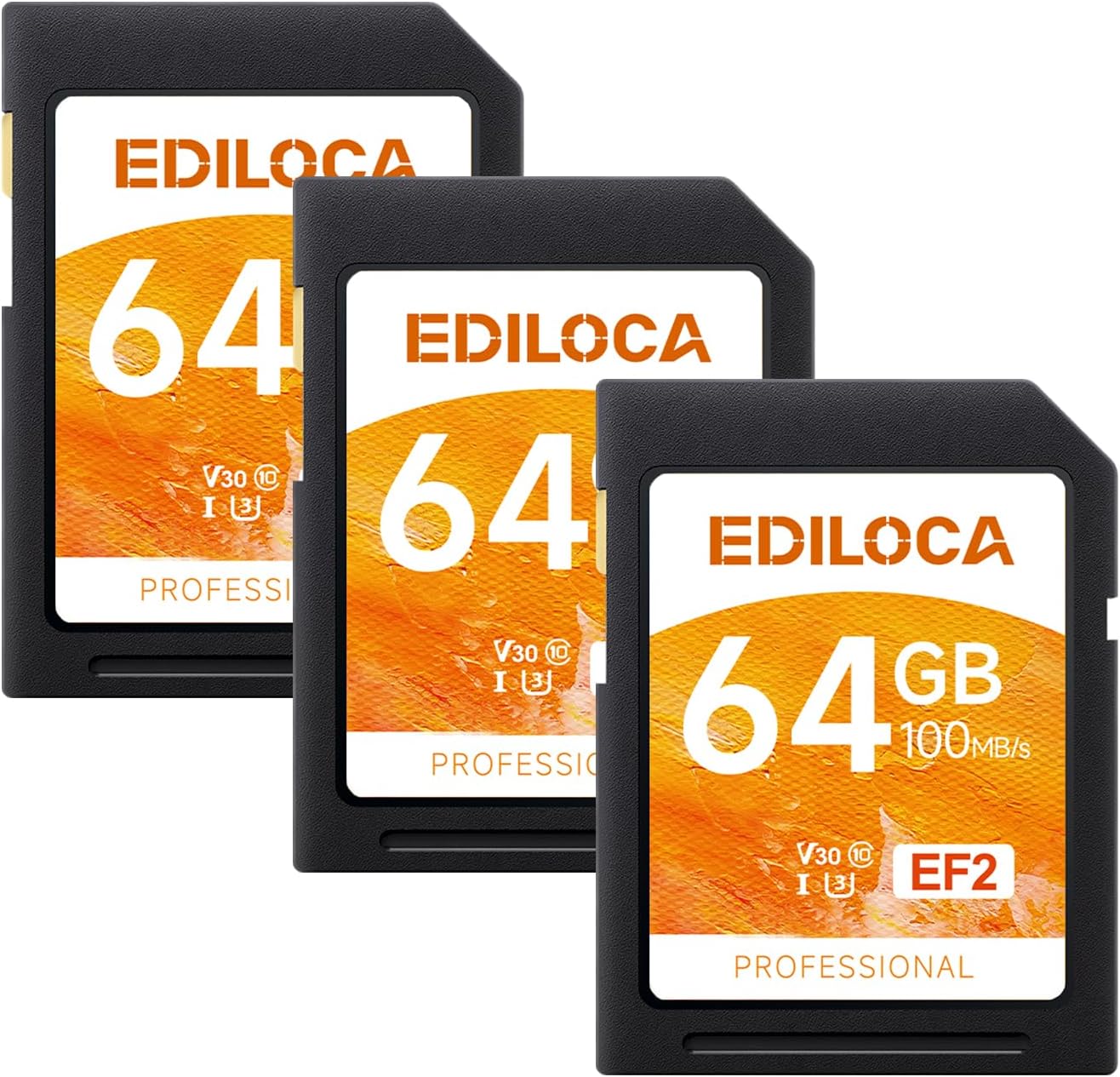 Ediloca 64GB 3 Pack 90/20MB/s, C10, U1, V10, 4K 64GB, EF2-3PCS UHS-I SD Card UHS-I Memory Card Fast Storage, Read/Write