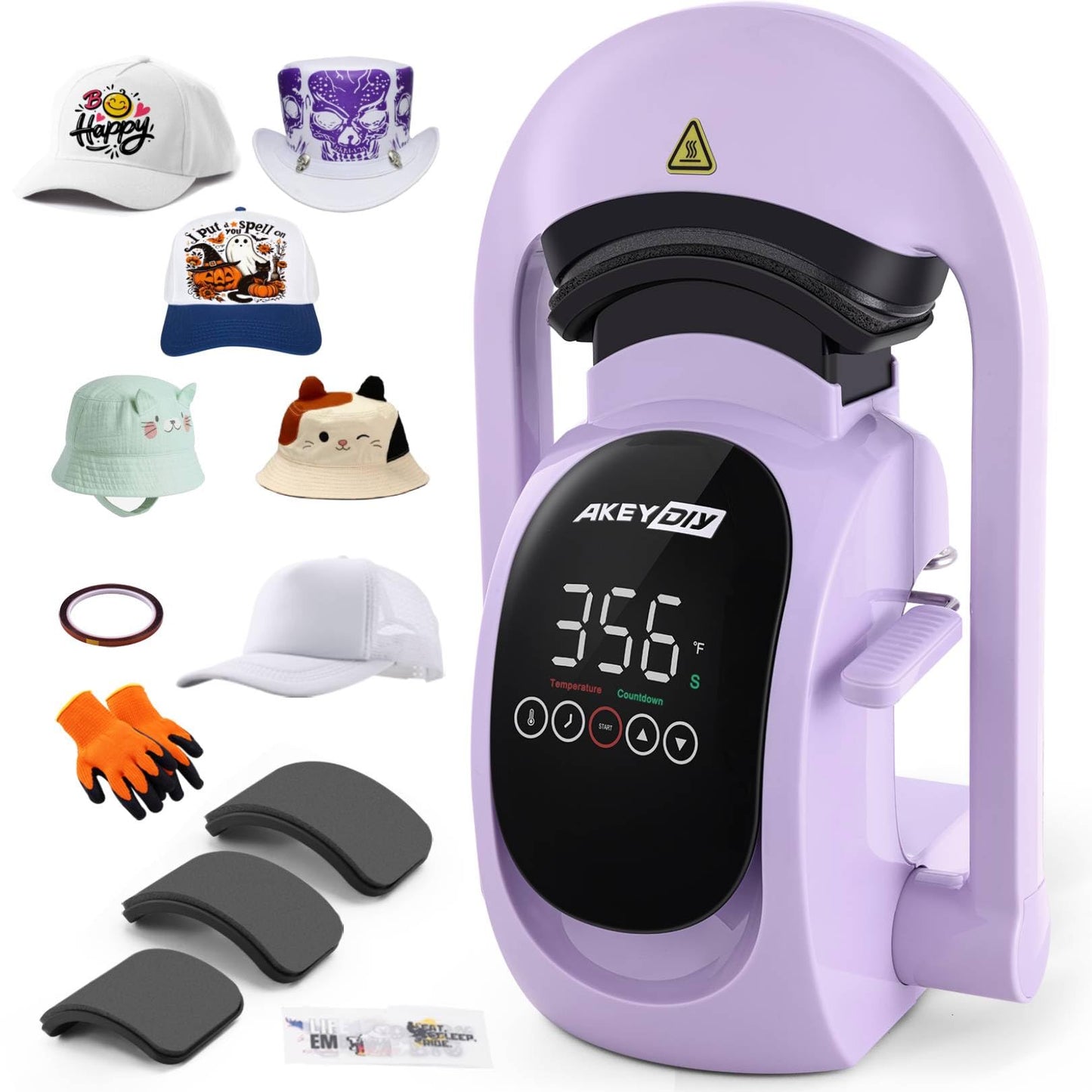 AKEYDIY 3-in-1 Auto Hat Heat Press Machine for Caps, with 3pcs Interchangeable Platens, Automatic Open & Release, Touchscreen for Precise Time & Temp Control, Heat Transfer Printing for Caps, Purple