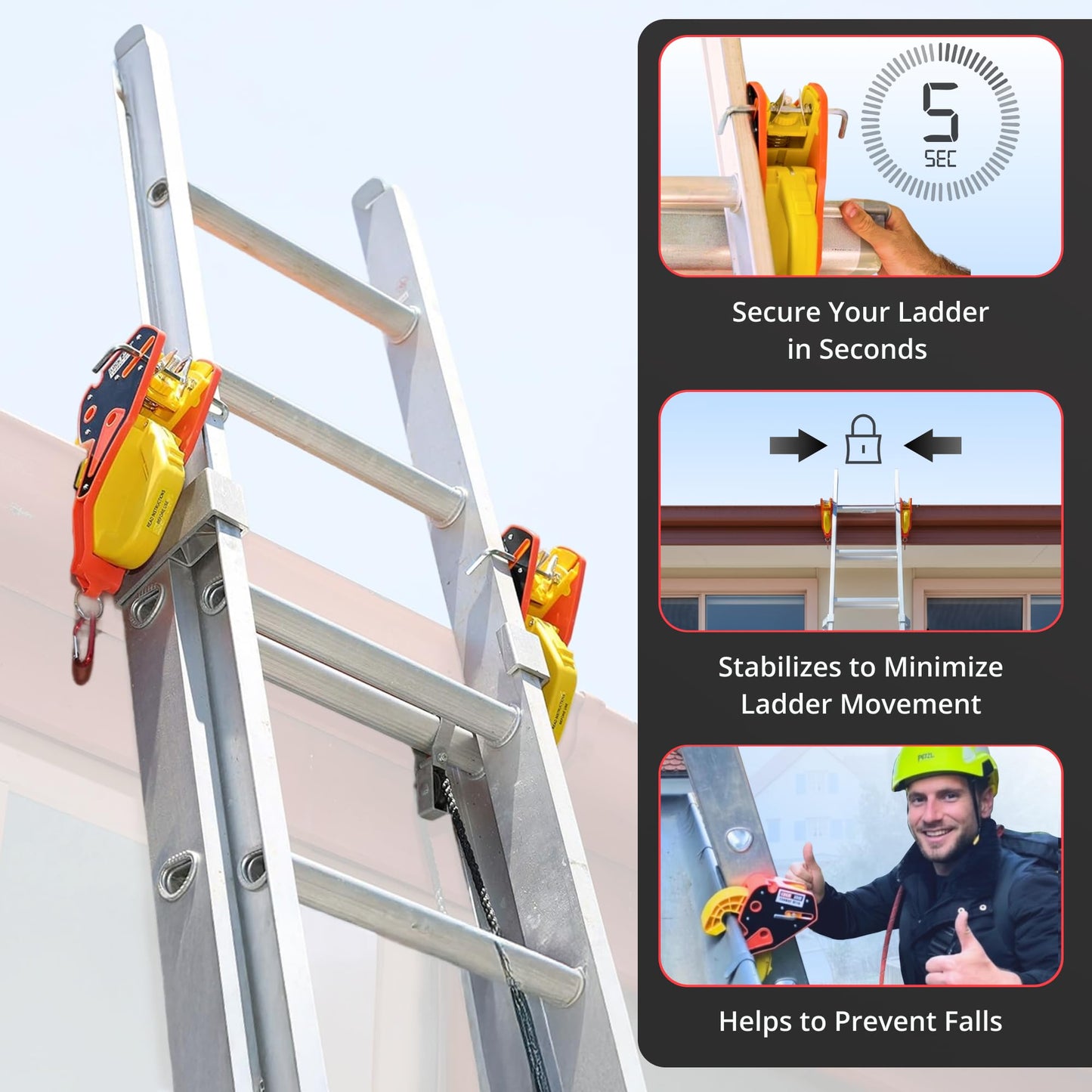 Lock Jaw Roof Ladder Stabilizer Hook for Gutter - Standoff in 5 Seconds with Slide-Lock Security - Prevent Aluminum Ladders Top Movement & Falls - Award-Winning Extension Ladder Accessories for Roof