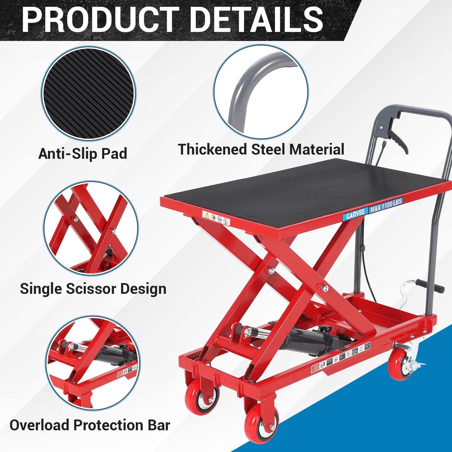 Garvee Hydraulic Lift Table Cart, 1100 LBS Capacity 35.4 in Lifting Height, Single Scissor Lift Table with 4 Wheels and Non-Slip Pad for Material Handling and Transportation, Red