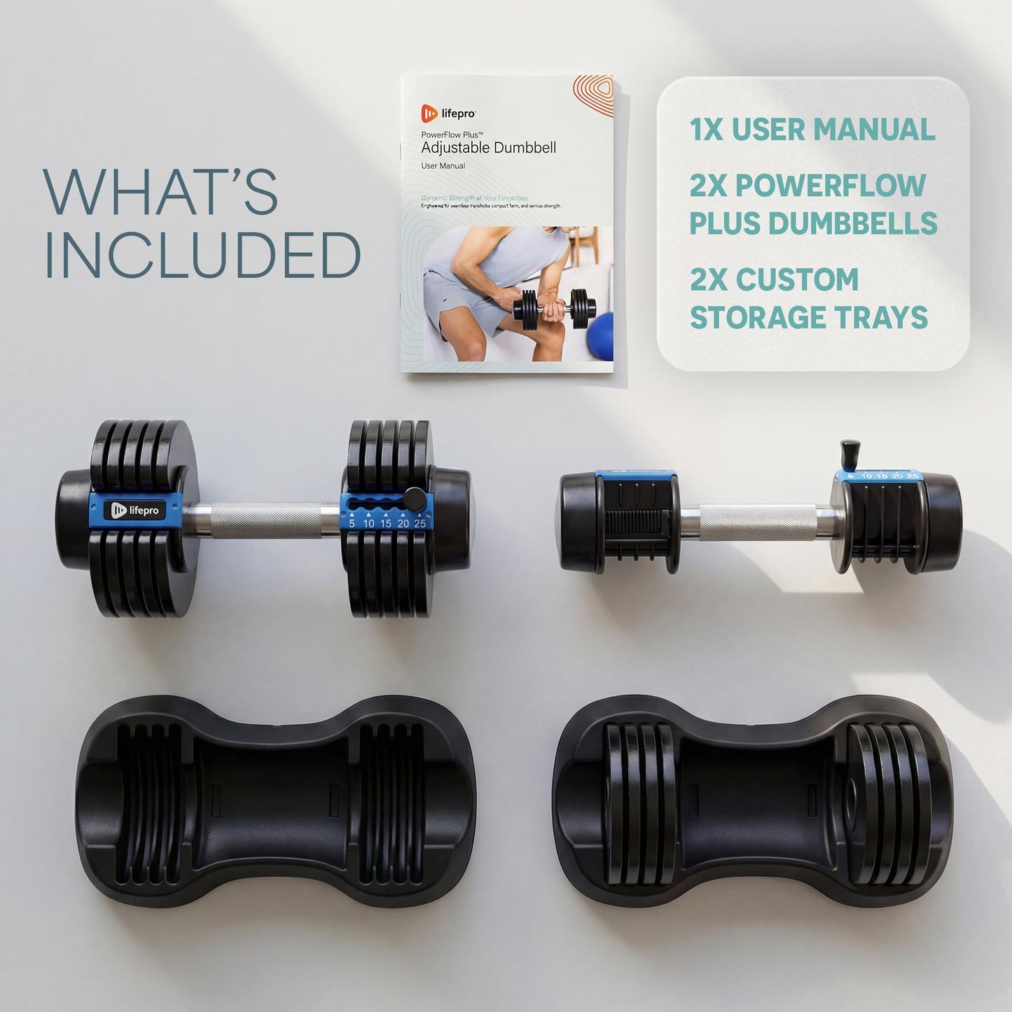 LifePro Powerflow Plus Adjustable Dumbbell Set of 2 with Rack – 5 to 25 lb Pair, Quick-Adjust Dial, Anti-Slip Grip, Space-Saving Hand Weights for Men & Women for Home Gym Strength Training