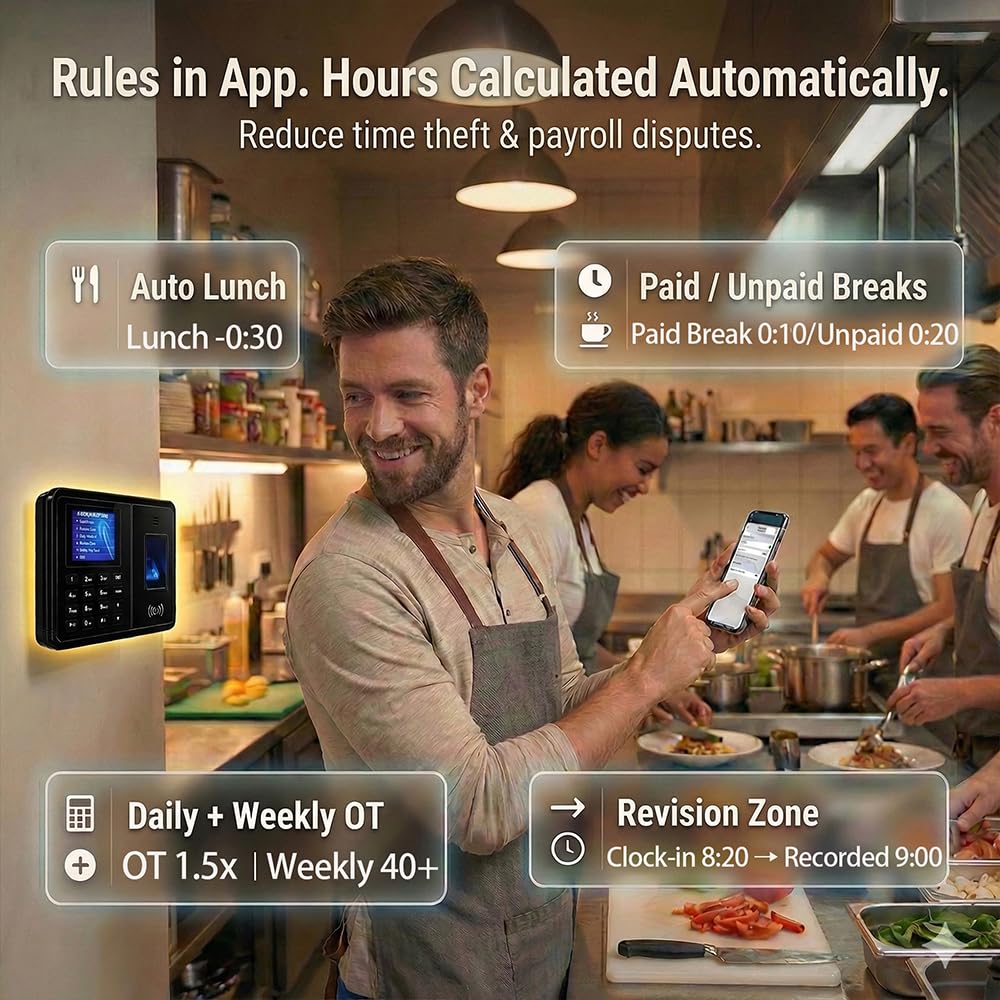 Tymelix Time Clock System: App Control & 5s Fast Connection, Customizable Rules & 4 Payroll Reports, 10 IC Cards, No Monthly Fee Biometric Fingerprint Time Clocks for Employees Small Business