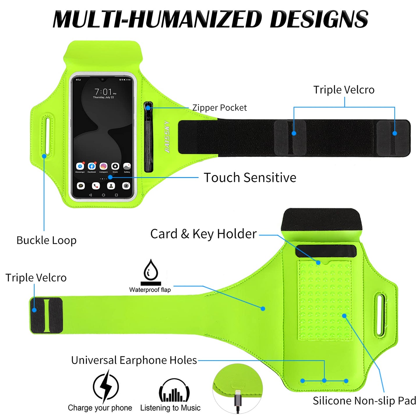 Running Armband with Earphone Bag Cell Phone Armband for iPhone 17 16 15 Pro 14 Plus 13 11 XR, Galaxy S24/S10 Water Resistant Sports Phone Holder Case & Zipper Slot Car Key Holder for 6.7 inch Phone