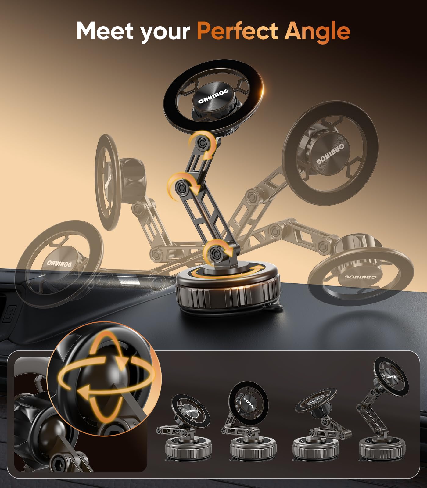 CRUIHOG Car Phone Holder,3-AXIS Telescopic Arm Magnetic Phone Mount, 360° Rotatable & Adjustable & Foldable Vacuum Suction Phone Stand,Phone Holders for Your Car/Dashboard/Windshield/Gym/Mirror