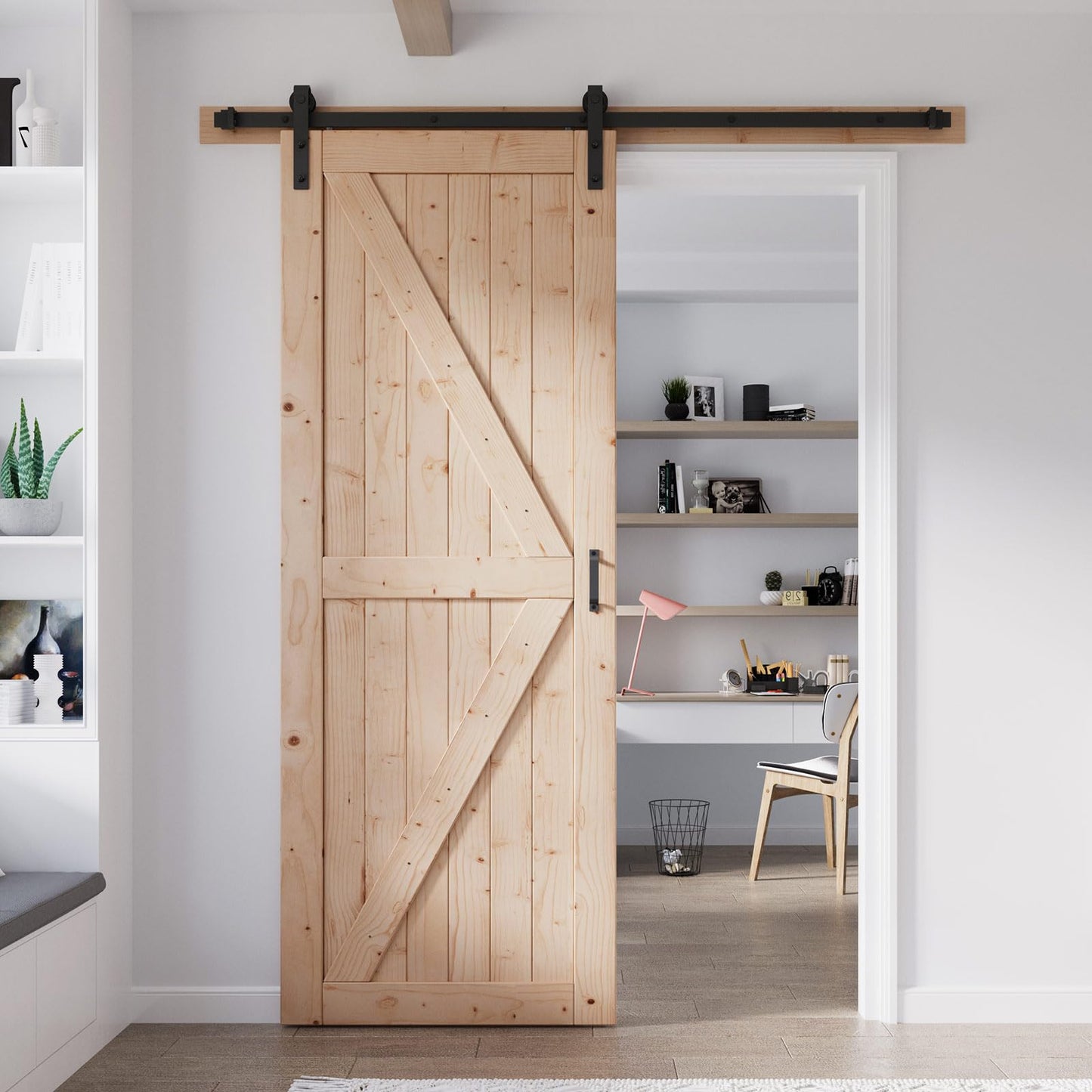 FREDBECK 30in x 96in Sliding Barn Door and 5FT Sliding Door Hardware Kit Included K Shape Solid Spruce Wood Panel for Bedroom Need to Assembly