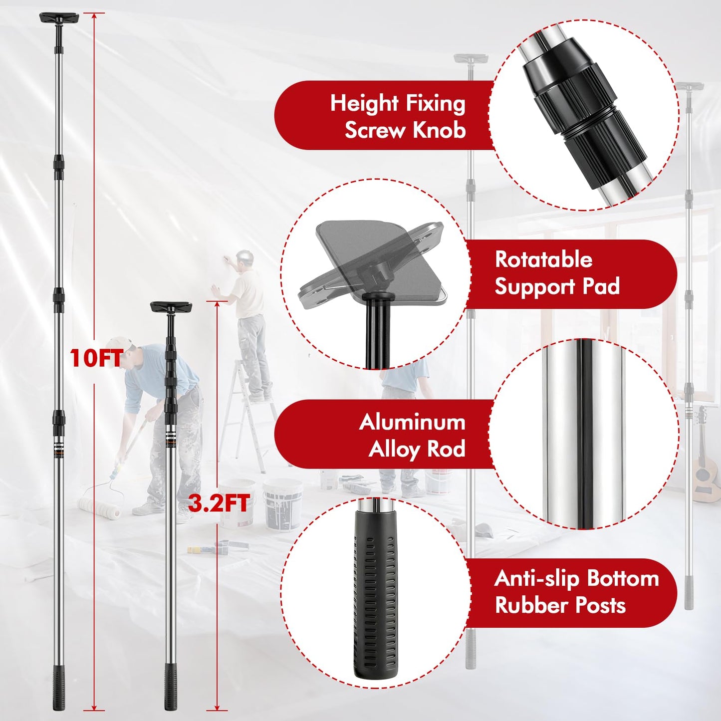 Teodute 10FT Dust Barrier Poles, 4 Pack Spring Retractable Zipper Wall Poles for Dust Barrier System with 2 Heavy-Duty Zippers & Plastic Film, for Interior Decoration, Remodeling & Isolation Work