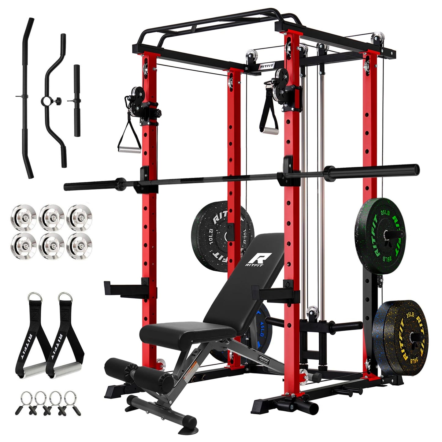 RitFit Squat Rack Power Cage Home Gym Package, Includes 1200LBS Power Rack with Cable Crossover System, Weight Bench, Weight Plate Set with Olympic Barbell (Package 1.7K (Pink Plate 260LBS))