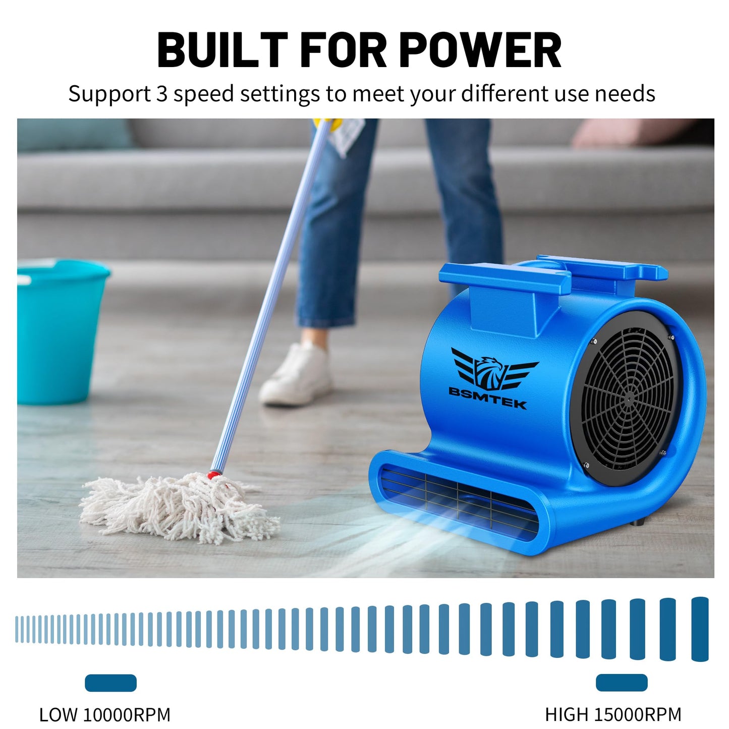 BSMTEK Air Mover Blower Fan, Industrial 1.5HP MAX10000CFM Monster Floor Blower Carpet Dryers - 3 Speeds, 4 Adjustable Angles, 15FT Long Cord, Stackable Blue- 2026 Upgraded