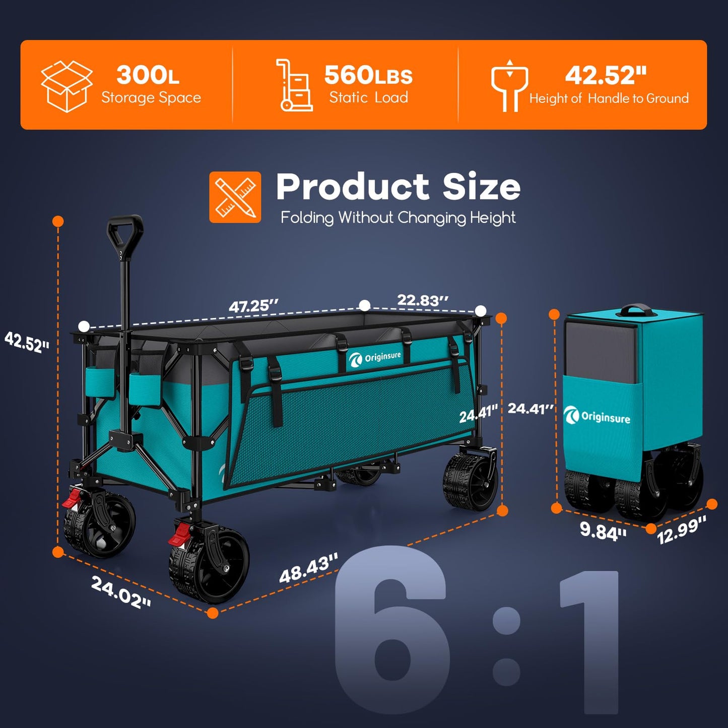 Originsure 48" L Collapsible Beach Wagon Cart Foldable, 560LB Weight Capacity 300L Heavy Duty Folding Wagons with Big All-Terrain Wheels, Utility Carts for Groceries, Camping, Sports - Grey&Turquoise