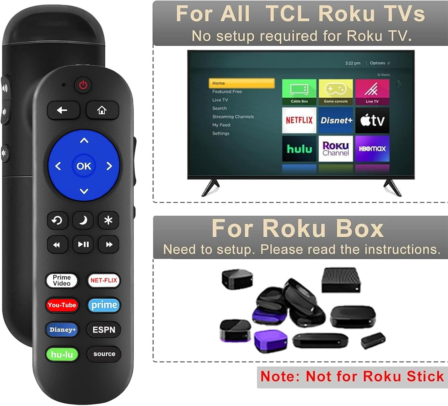 Yimaut 28" 32" 40" 43" 49" 50" 55" Base Stand and Remote Control Compatible with All TCL Roku TV & Players, Stand Legs