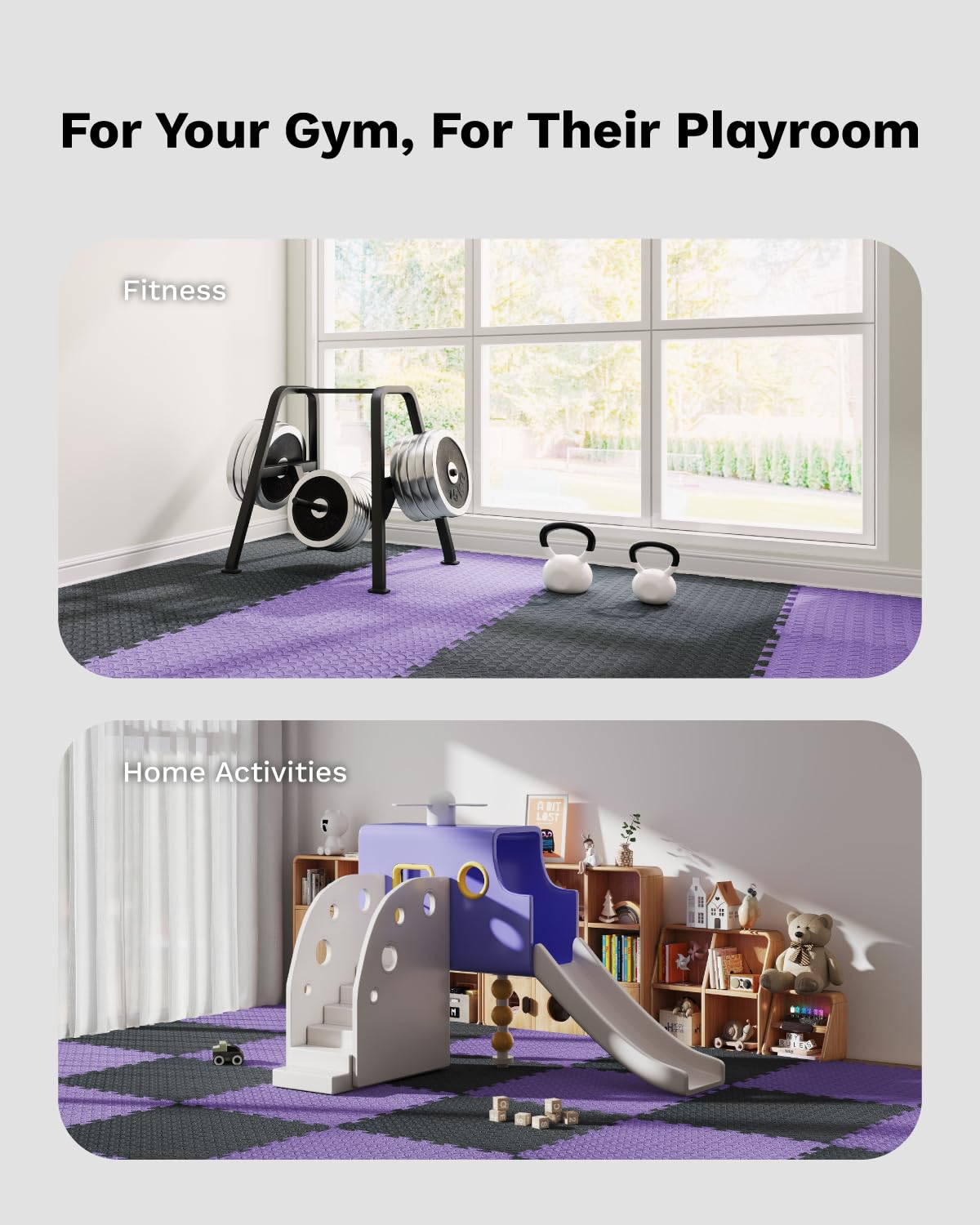 AIRHOP Upgraded 0.79" Extra Thick 48 Sq Ft High-Density Eva Foam Exercise Gym Mats, 12 Pcs Large Interlocking Puzzle Floor Tiles (24"x24") for Home Gym, Black&Purple