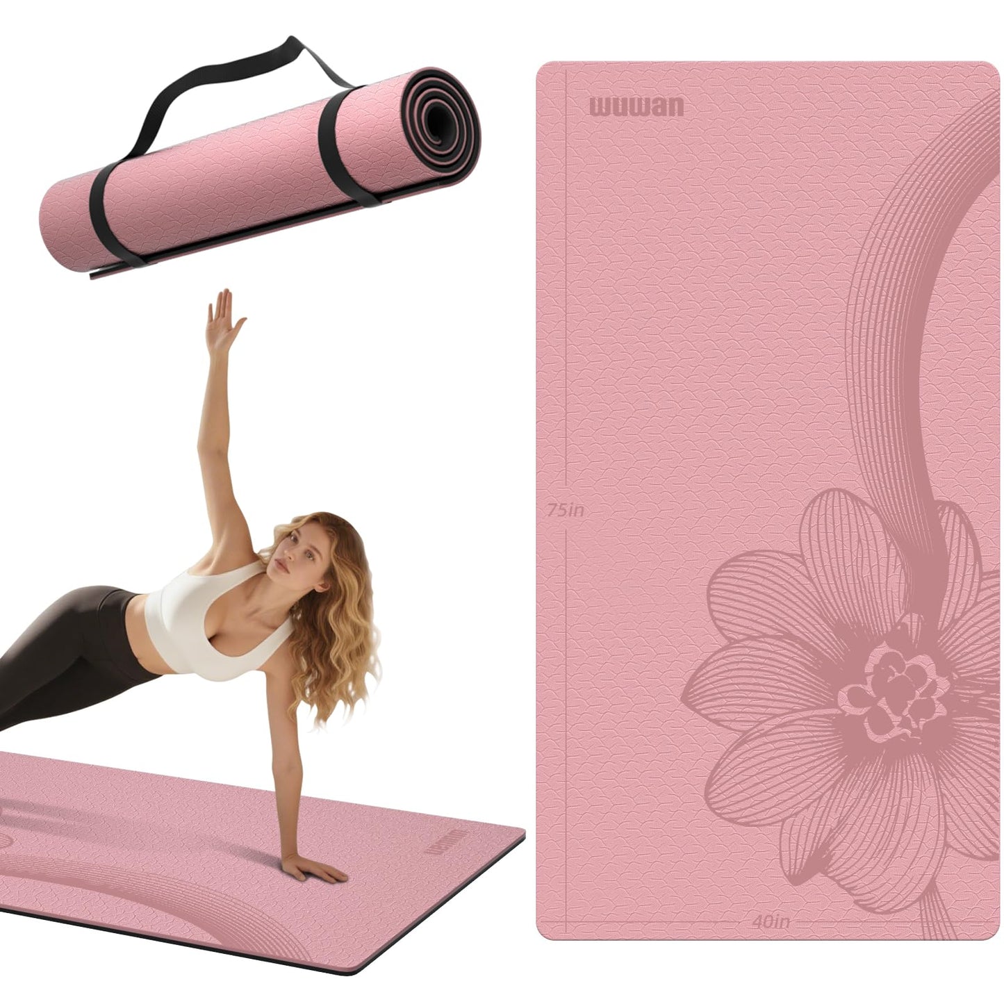 WUWAN Large Yoga Mat 75"x 40"x10mm (2/5 inch) – Extra Thick & Wide, TPE Fitness Mat, Printed Non-Slip Exercise Mat with Carrying Strap for Men & Women, Pilates, Stretching, Fitness & Workout (pink/black)